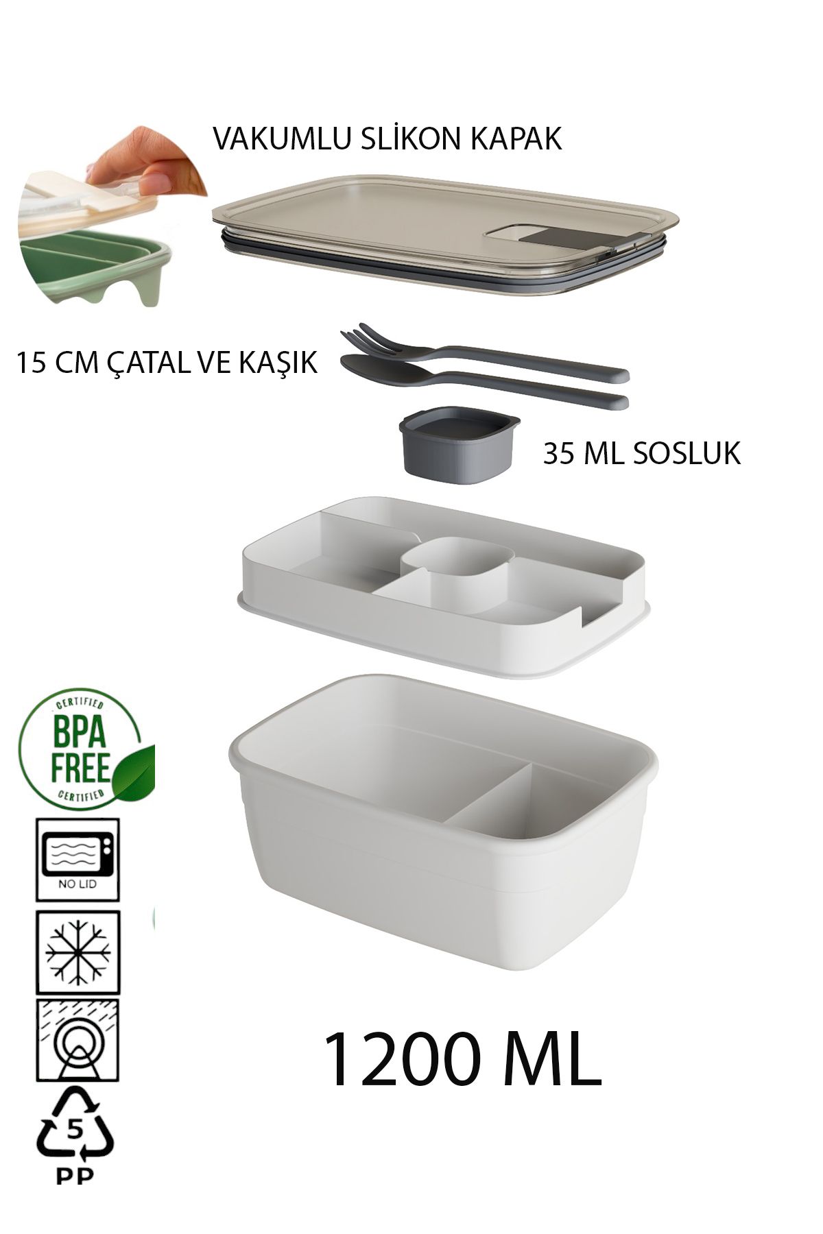 Citim Silikon Kapak Vakumlu Kaşık Çatallı Sosluklu Bölmeli Beslenme Çantası-2 Katlı Lunch Box-Sefer Tası