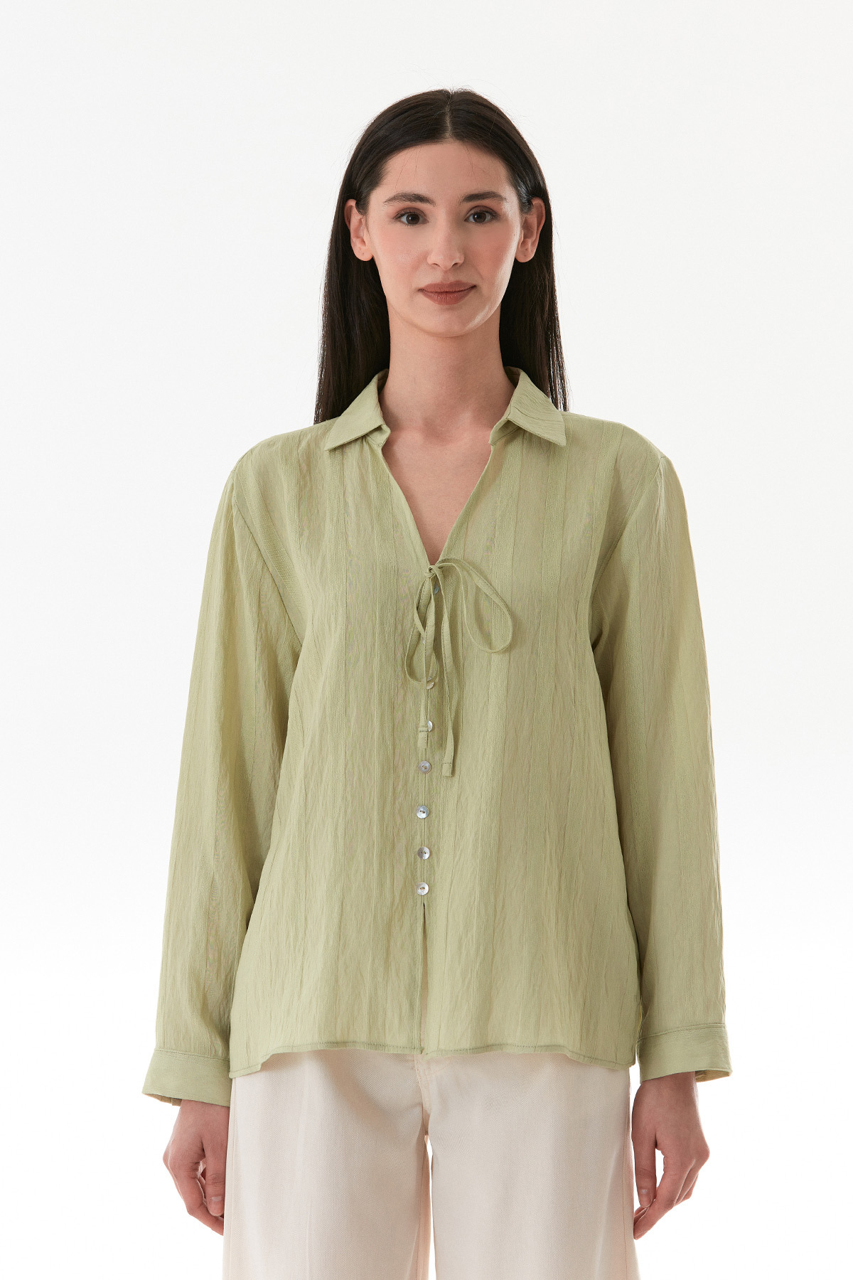 Fullamoda  Önü Bağlamalı Düğmeli Salaş Gömlek - Görsel 8