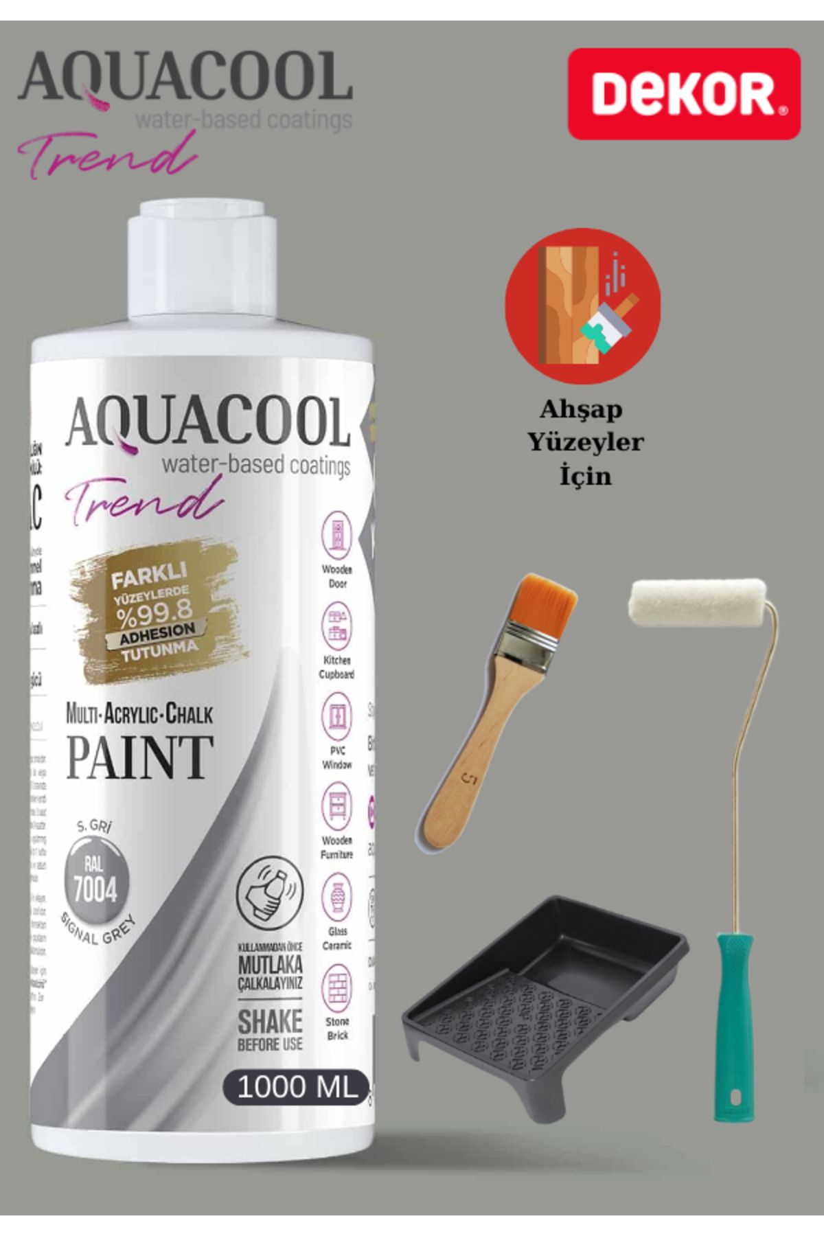 Aquacool Trend Aquacool 1000 ml Ahşap Dönüşüm Boyama Seti Kadife Rulo, Boyacı Tavası, Fırça Ral 7004 Dolap Boyası