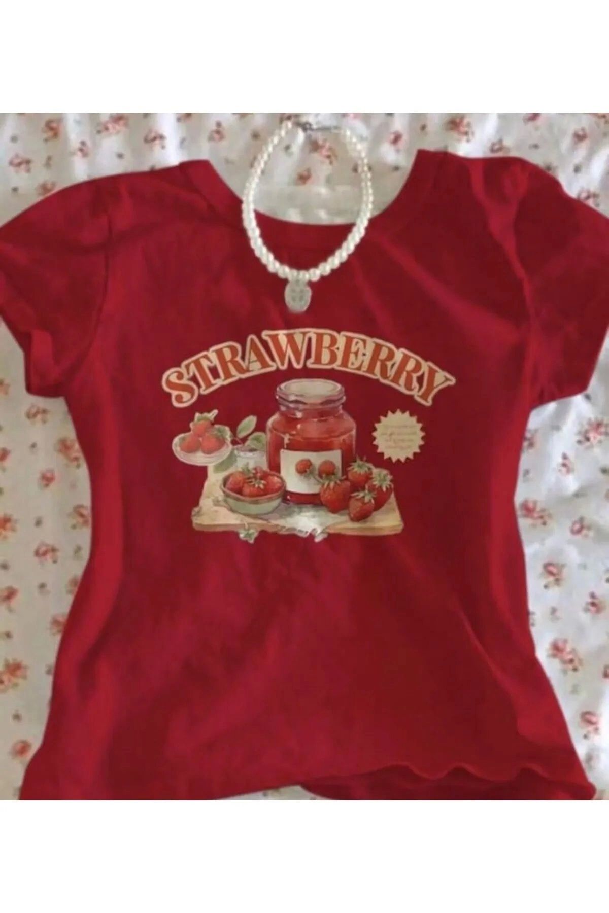Violon Strawberry Baskılı Kırmızı Crop Bluz