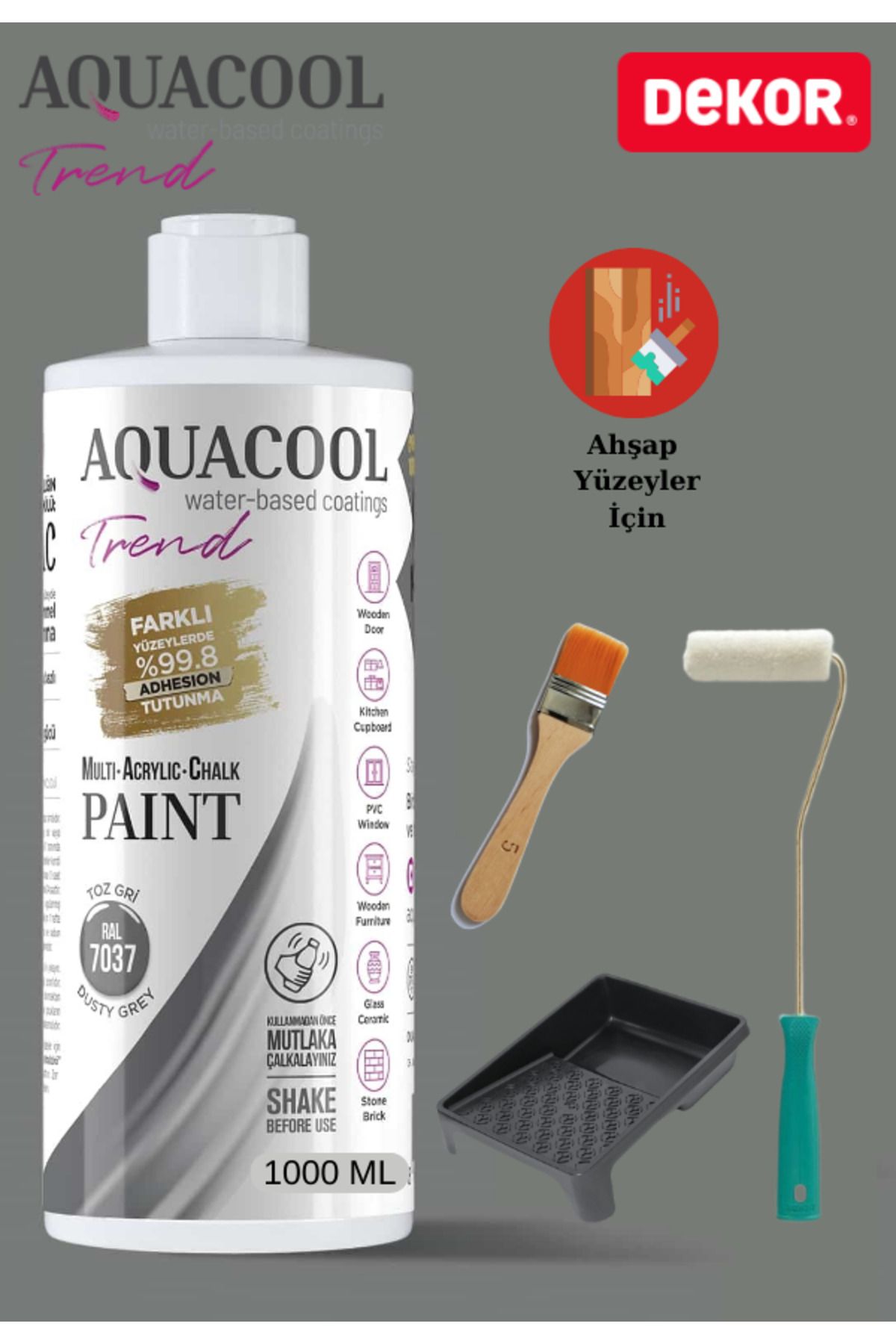 Aquacool Trend Aquacool 1000 ml Ahşap Dönüşüm Boyama Seti Kadife Rulo, Boyacı Tavası, Fırça Ral 6021 Dolap Boyası