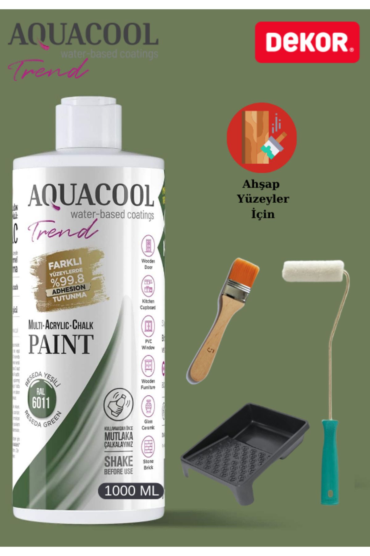 Aquacool Trend Aquacool 1000 ml Ahşap Dönüşüm Boyama Seti Kadife Rulo, Boyacı Tavası, Fırça Ral 6011 Dolap Boyası