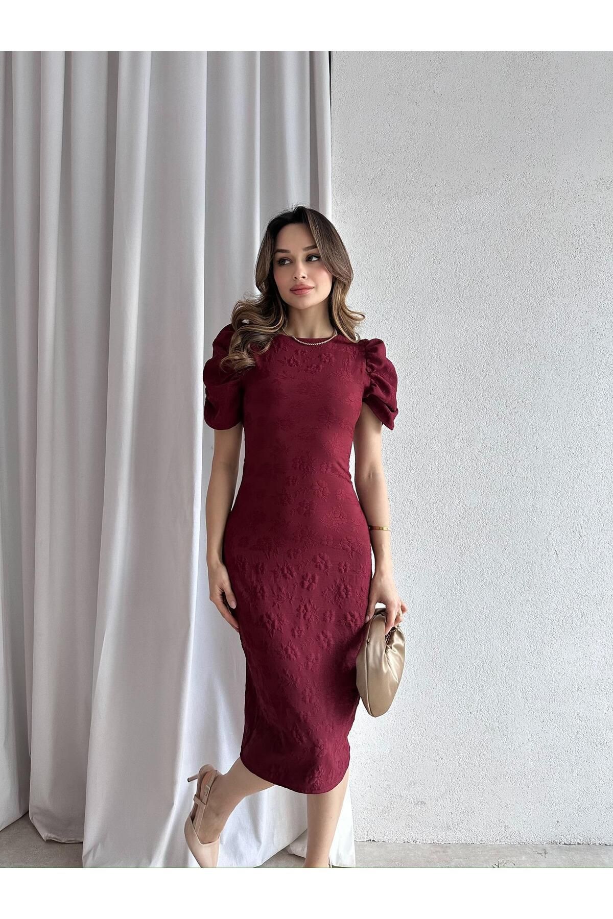 Mooi Butik CALLOW Midi Elbise 8832 - Bordo
