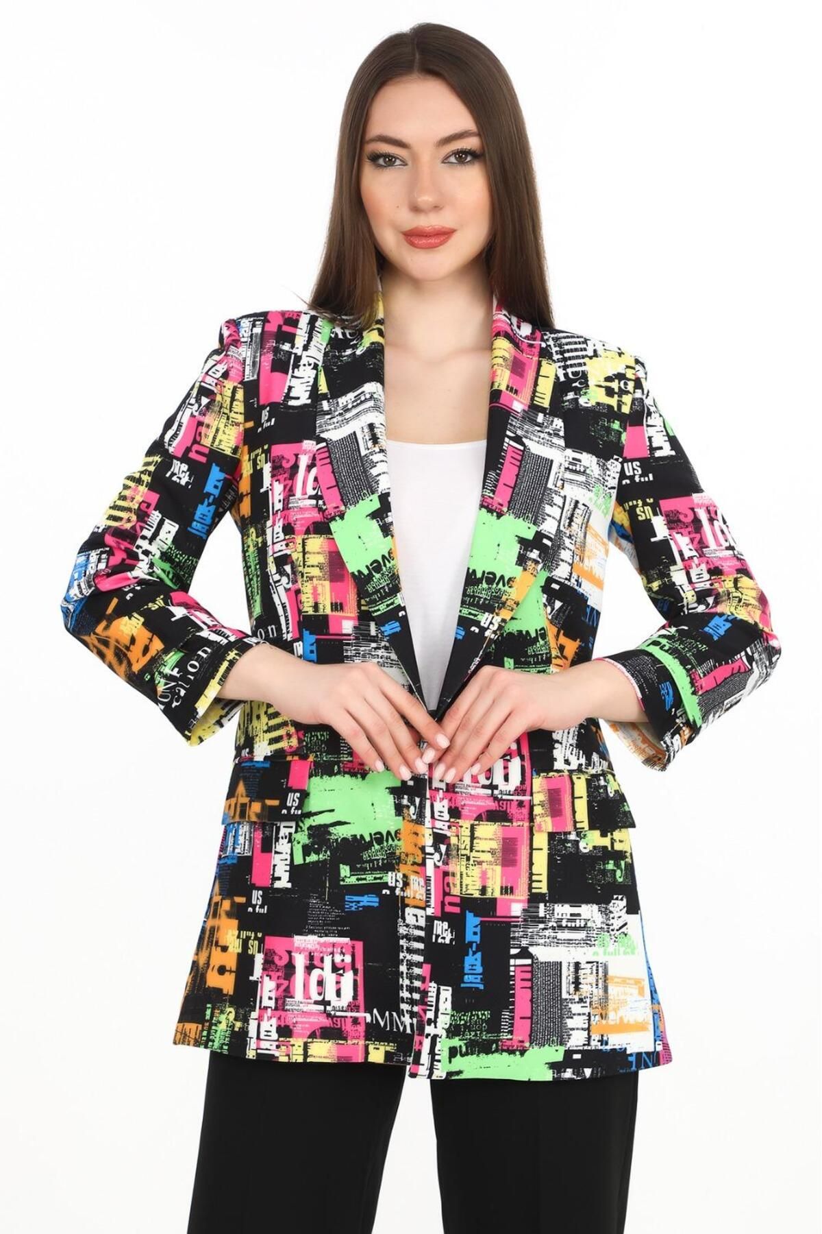GND TEKSTİL Gnd Kadın Renkli Desenli Oversize Blazer Ceket