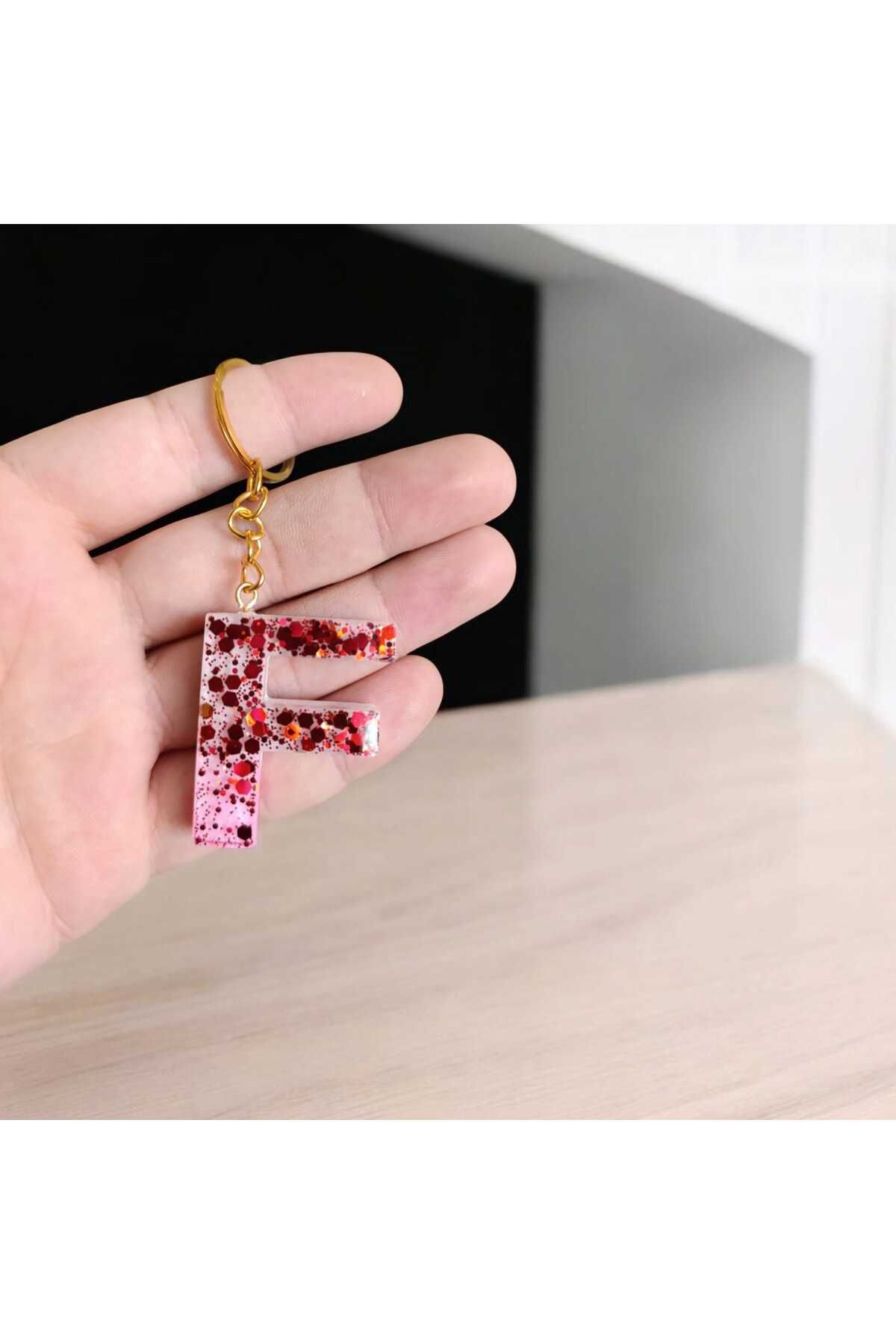 Wens Epoksi Epoksi Harf Anahtarlık Beyaz Renk Kırmızı Pul Süslemeli Gold Halka F harfi