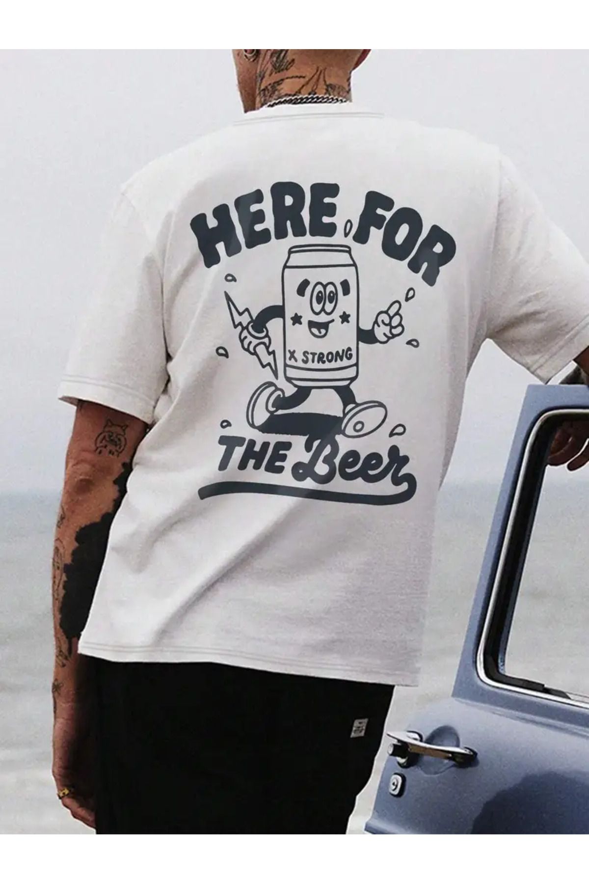 AEMİ Unisex Here For The Beer Baskılı %100 Pamuk Oversize T-shirt