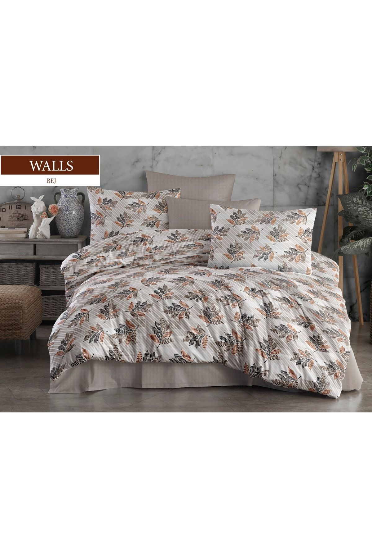 JOLLY HOME Bej & Yaprak Desenli Çift Kişilik Nevresim Takımı - Konforlu & Şık Hediyelik Set