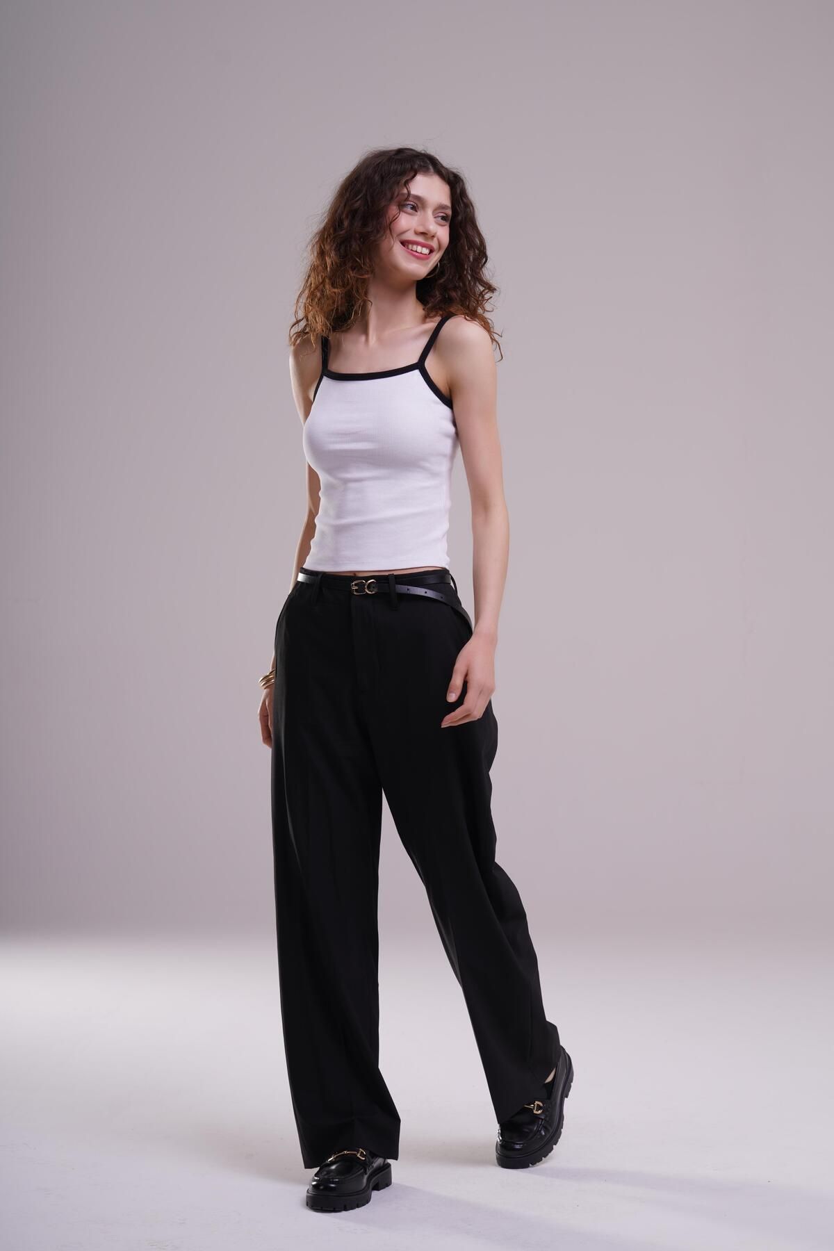 AFLOOW-Women's White Contrast Piping Detailed Rope Strap Ribbed Undershirt 2