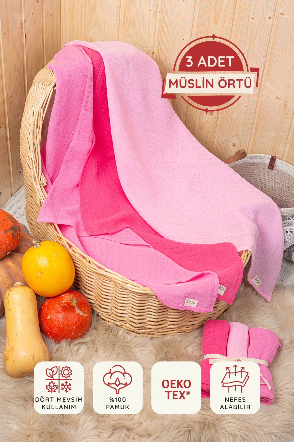 Pembe Renkli %100 Pamuk 3'lü Çok Amaçlı Müslin Bez, Örtü, Battaniye Seti - 75x75 Cm - Ztc100
