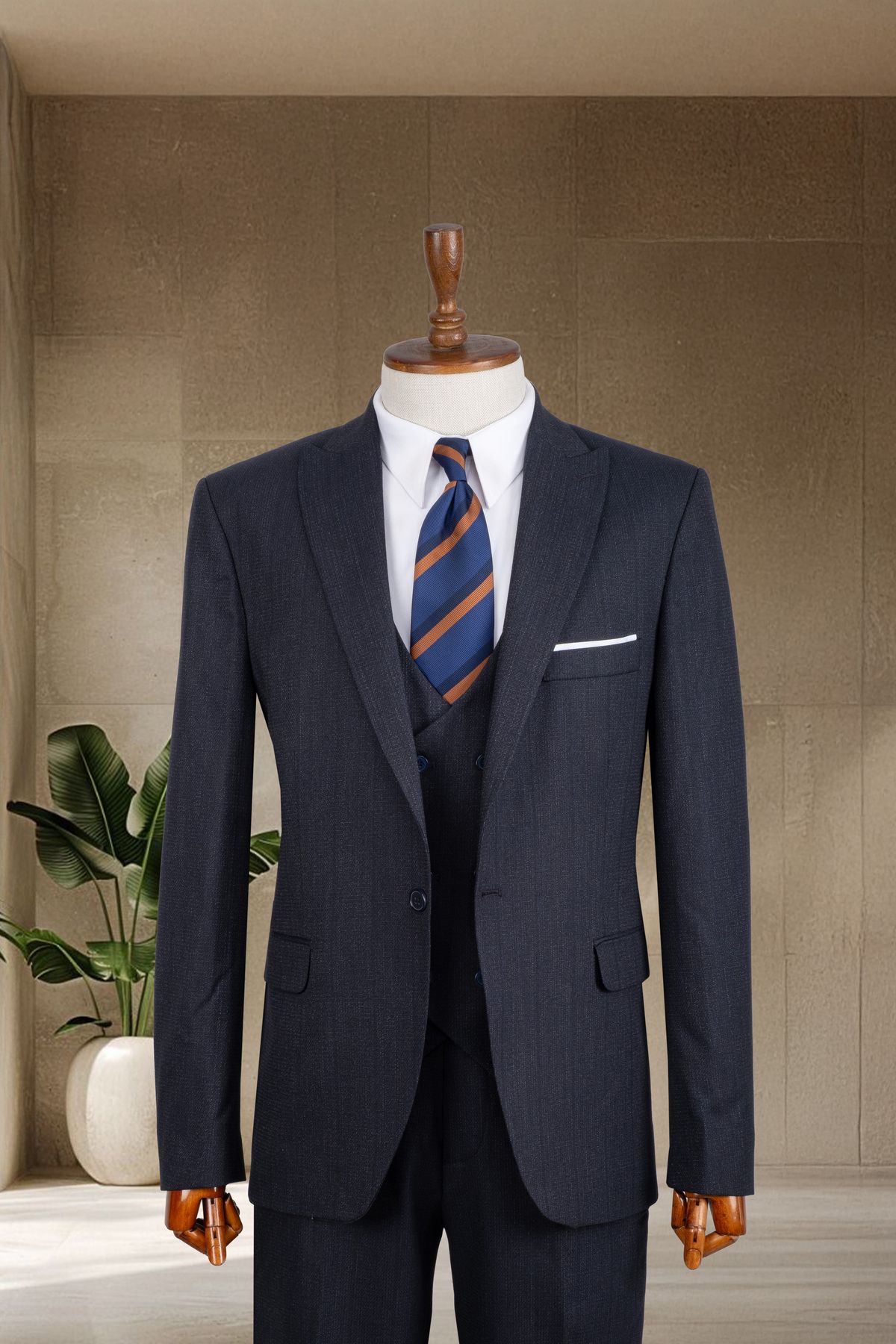 Sergio Ferraro Lacivert Slim Fit İtalyan Stil Erkek Takım Elbise-ceket Yelek Pantolon Takım