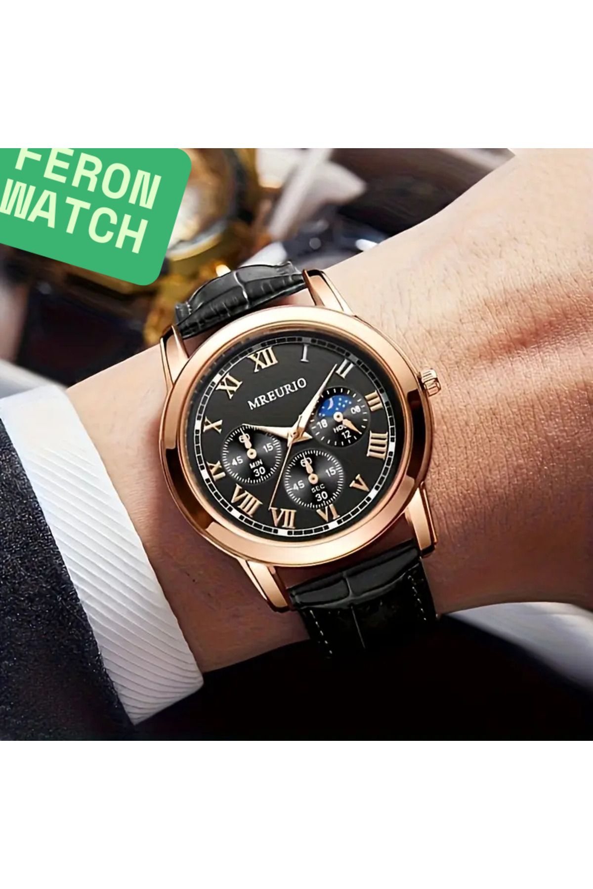 Feron accessories Erkek Kol Saati Seti Deri Kordonlu Analog Takvimli Klasik Saat Tm-318