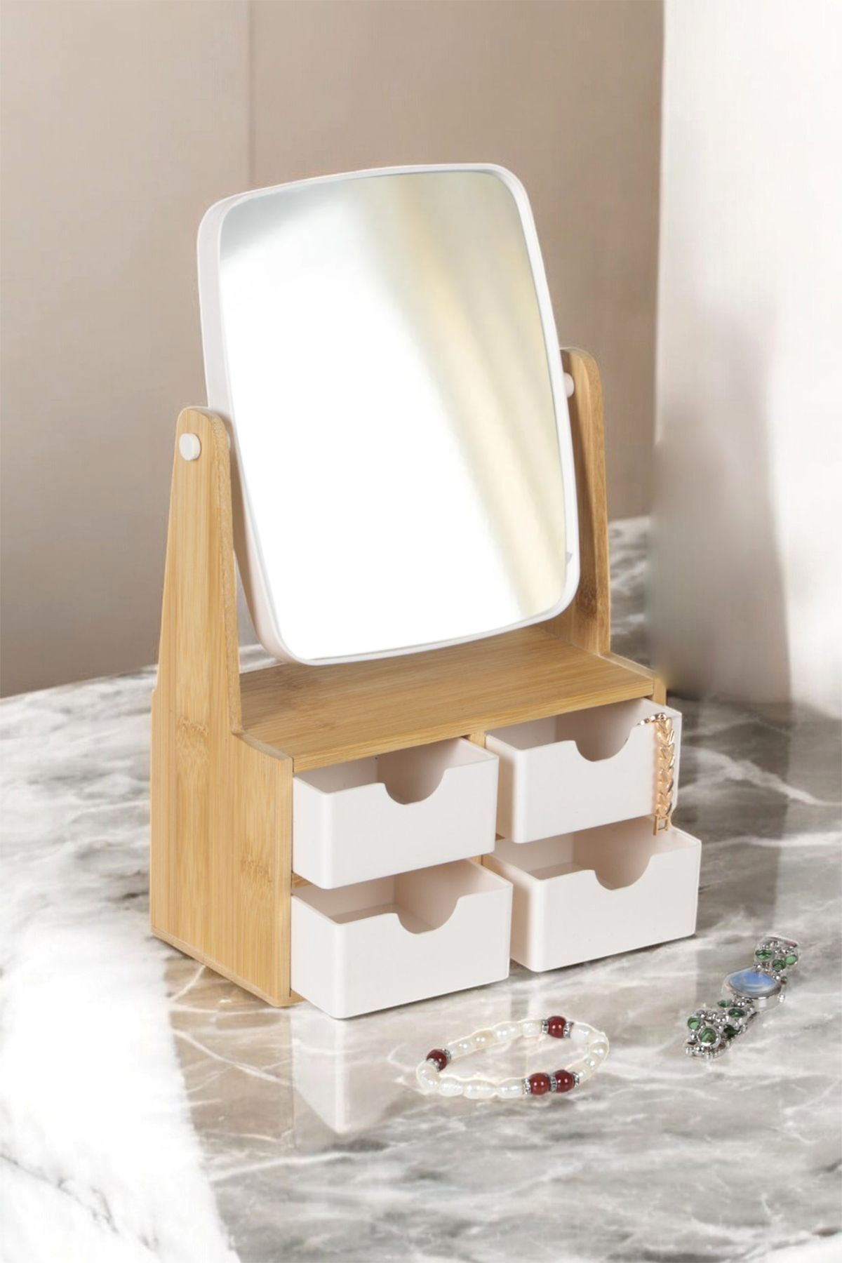 İronika Organizator De Machiaj Cu Oglindă Din Bambus Cu 4 Sertare Cutie De Accesorii Pentru Bijuterii Oglindă De Machiaj - One Size