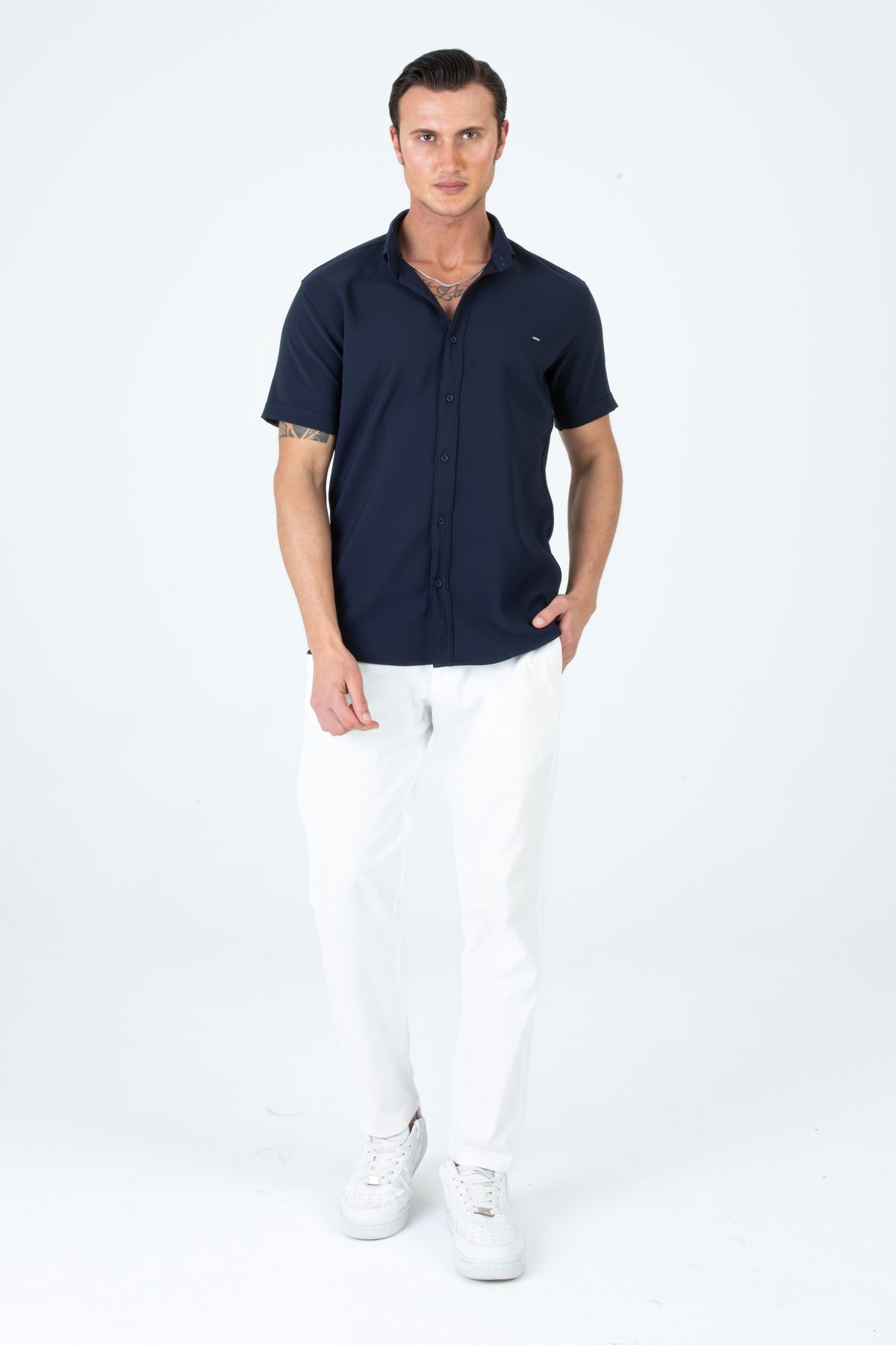 Artı1 Erkek Slim Fit Dar Kesim Kısa Kollu Nefes Alan Örme Doku Yazlık Erkek Gömlek