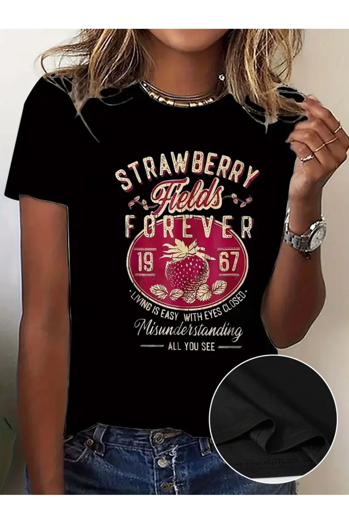 AEMİ Unisex Strawberry Fields Forever Baskılı %100 Pamuk Oversize T-shirt