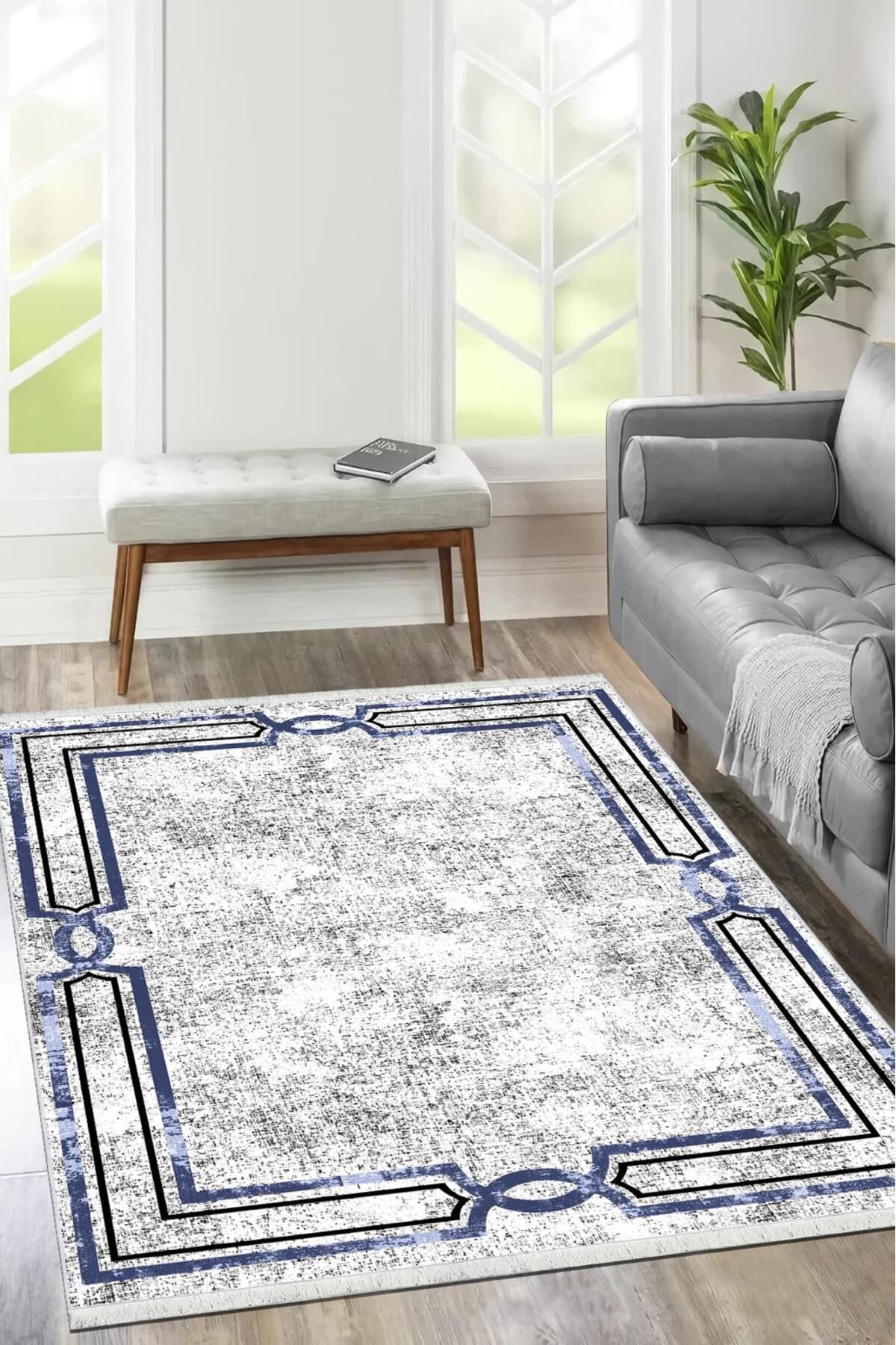 VOPTEKS Mavi Halı Salon Halısı Makinede Yıkanabilir Halı Kaymaz Taban Halı