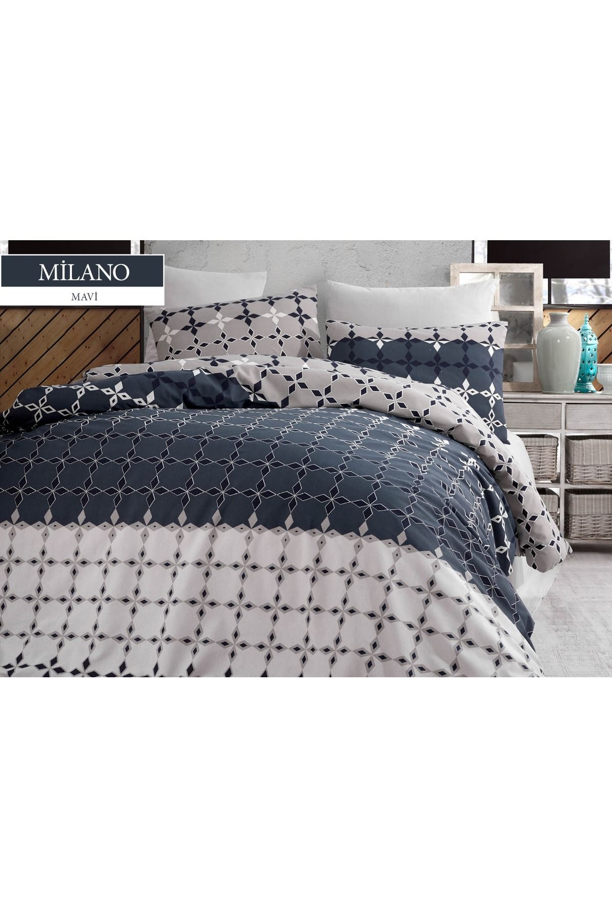 JOLLY HOME Mavi Geometrik Desenli Çift Kişilik Nevresim Takımı – Modern & Göz Alıcı Tasarım