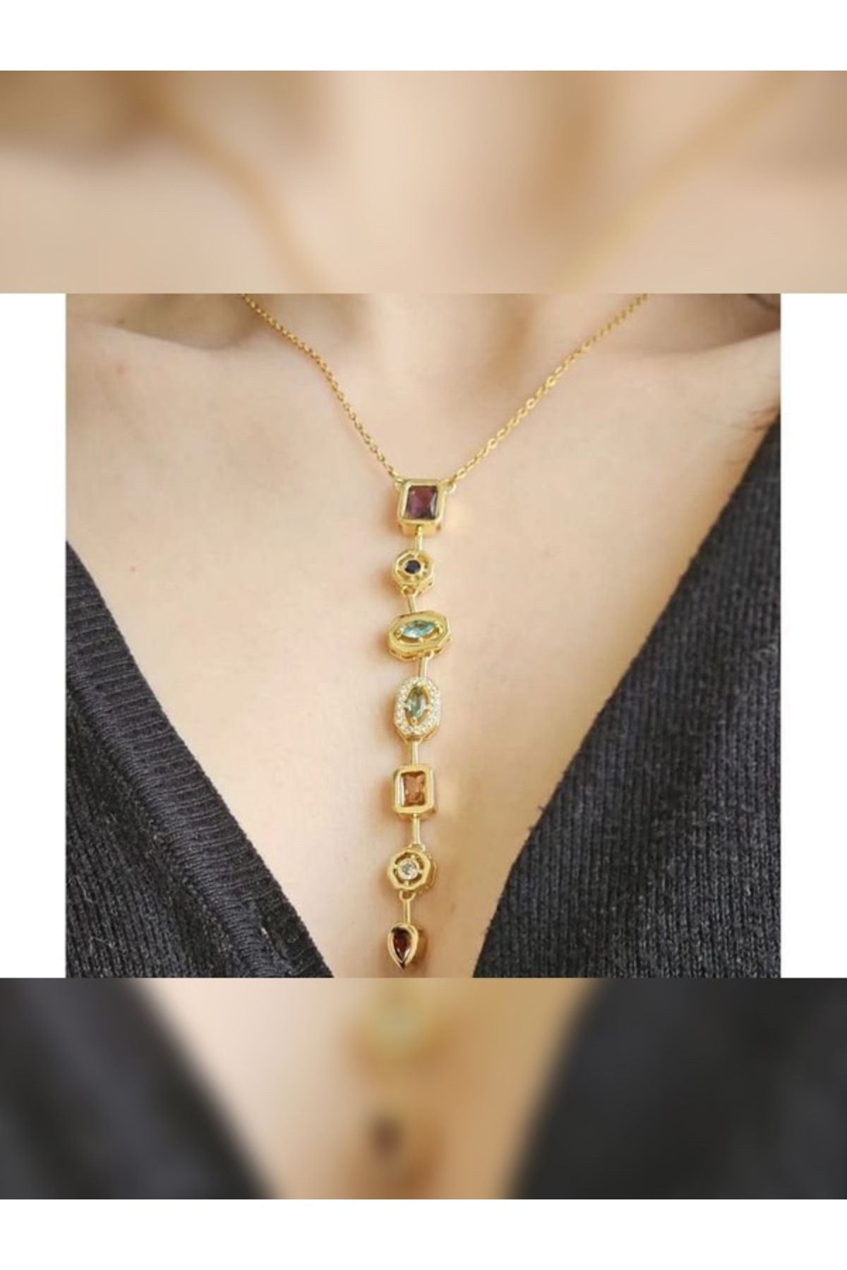 Inure Jewelry 7 Elementli Renkli Taşlı Özel Y Tasarım Kadın Çelik Vip Kolye