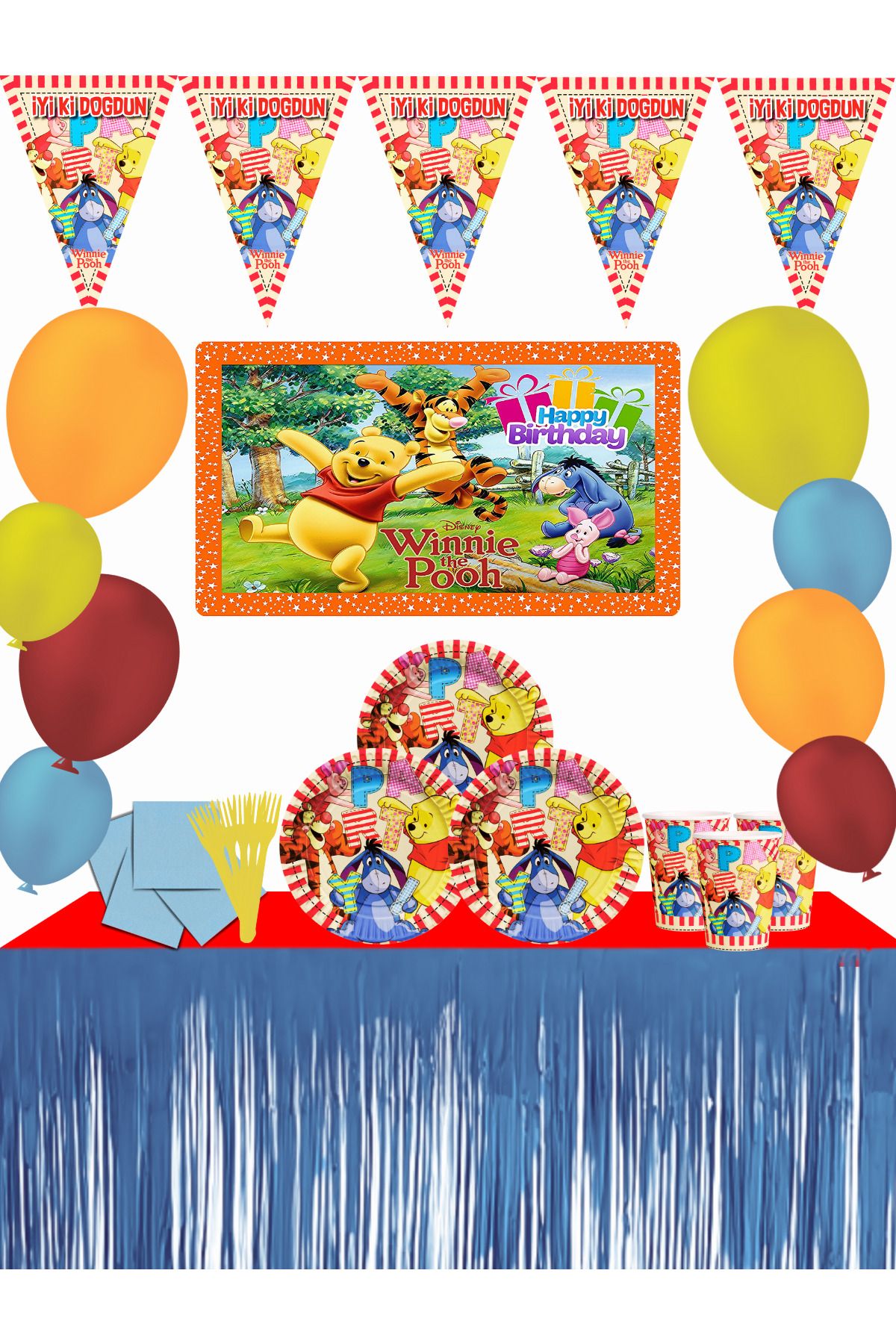 snowparty Winnie The Pooh Piglet Afişli Metalize Masa Etekli Doğum Günü Parti Süsleri Seti