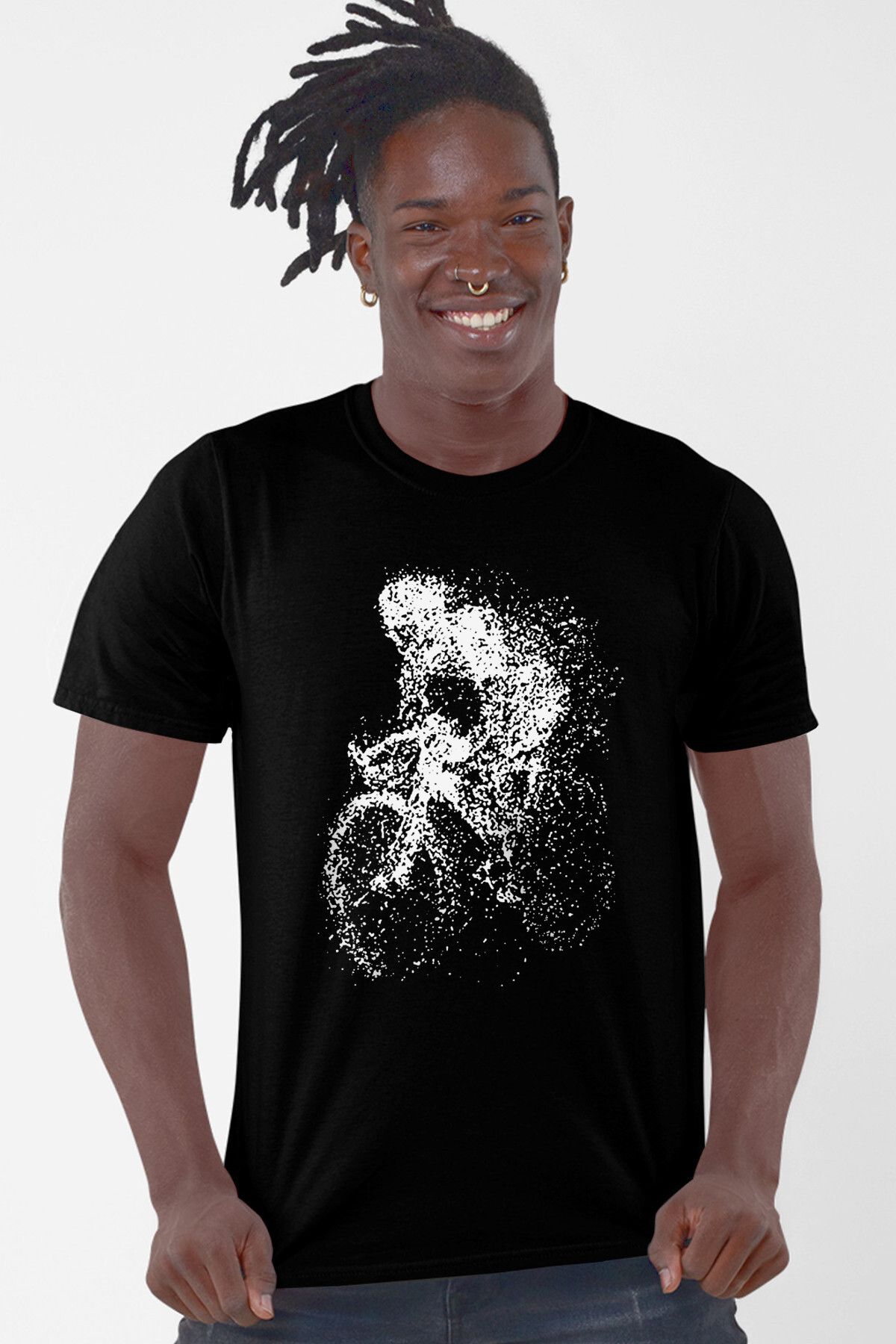ROCKANDROLL Benekli Bisiklet Siyah Kısa Kollu Erkek T-shirt
