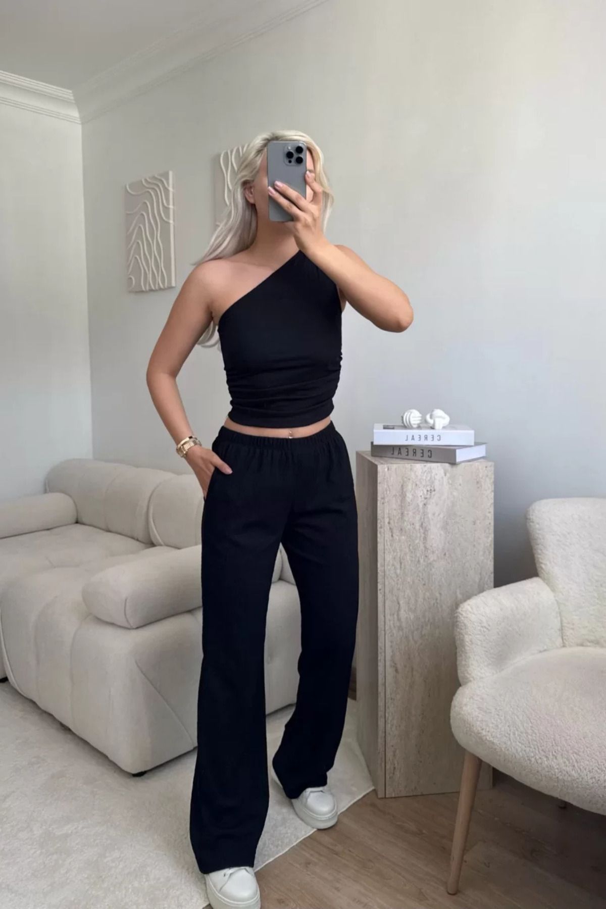 MOZENA Tek Omuz Crop ve Pantolon Gofre Takım