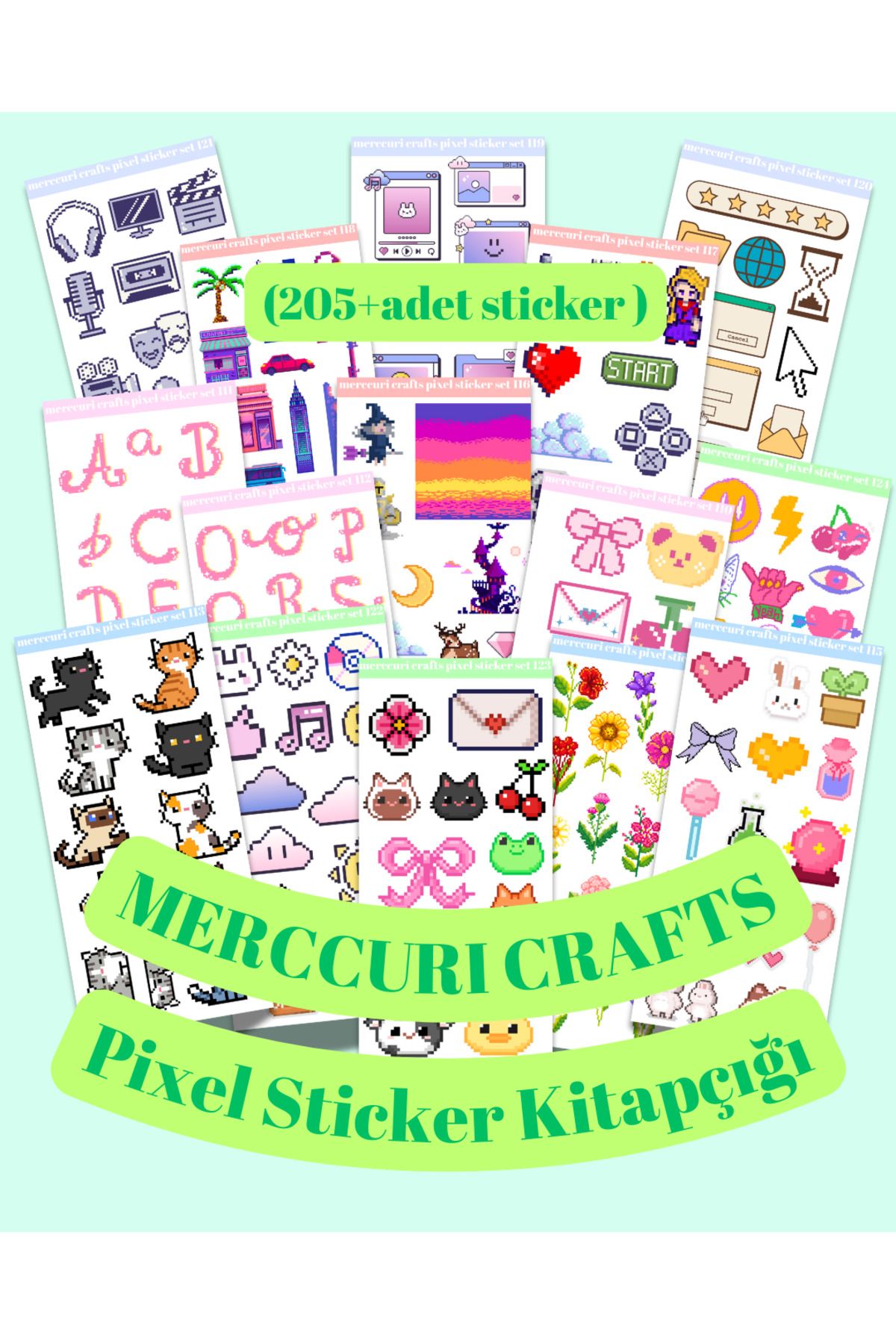 merccuri crafts Pixel Sticker Kitapçık Set - 205+ Adet Çıkartma - Scrapbook, Ajanda