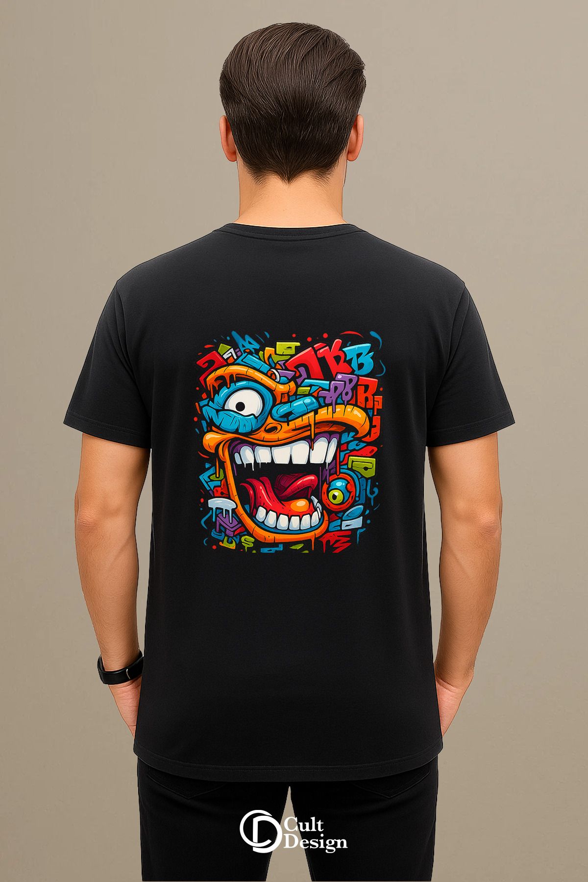 CULTDESİGN Renkli yüz Unisex KADIN/ERKEK Özel Premium Baskılı Basic, Organik Pamuklu, Bisiklet Yaka T-Shirt