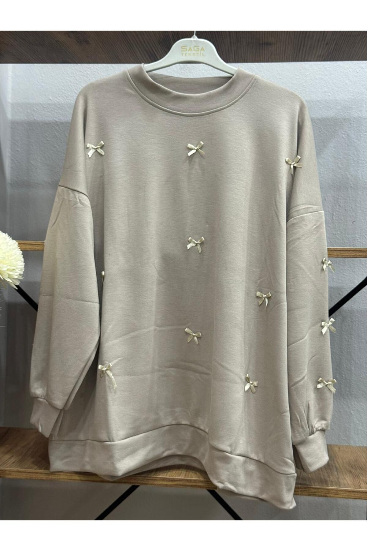 ÖZNE BUTİK Kadın Oversize Likralı Ribana Yaka Fiyonklu Sweet