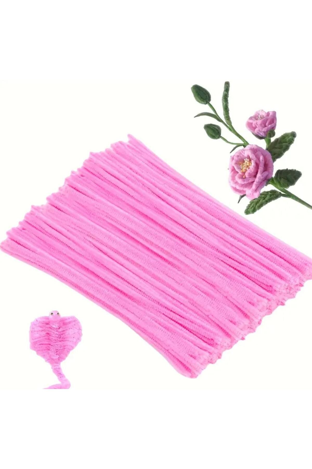 OZN AKSESUAR 50'li Pembe Renkli Şönil, Eğitici Şönil Seti, Tüylü Tel, Peluş Tel, kadife şönil, el işi malzemesi