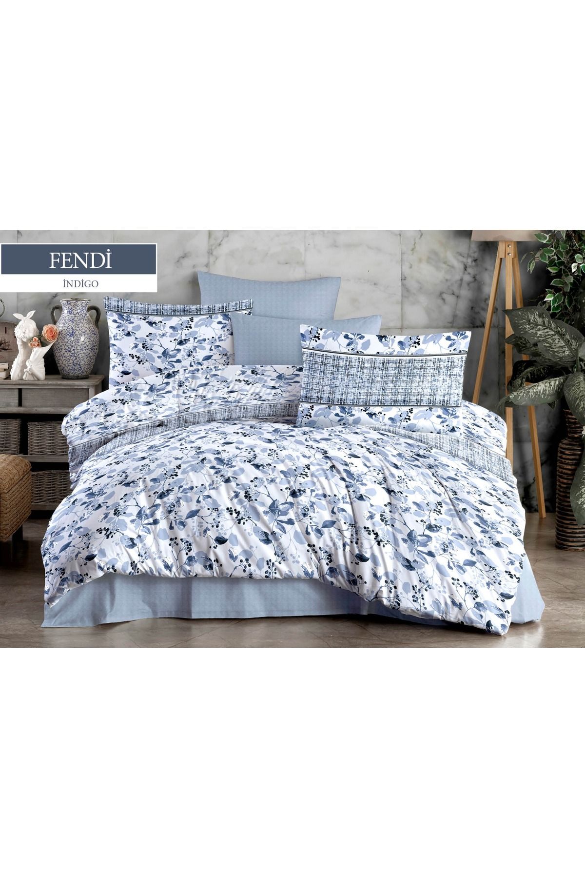 JOLLY HOME Indigo Mavi & Çiçek Desenli Çift Kişilik Nevresim Takımı - Konforlu & Şık Hediyelik Set