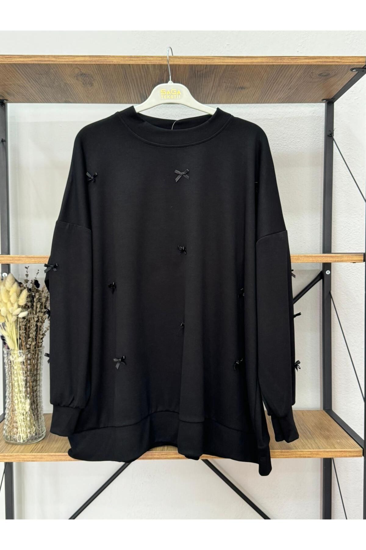 ÖZNE BUTİK Kadın Oversize Likralı Ribana Yaka Fiyonklu Sweet