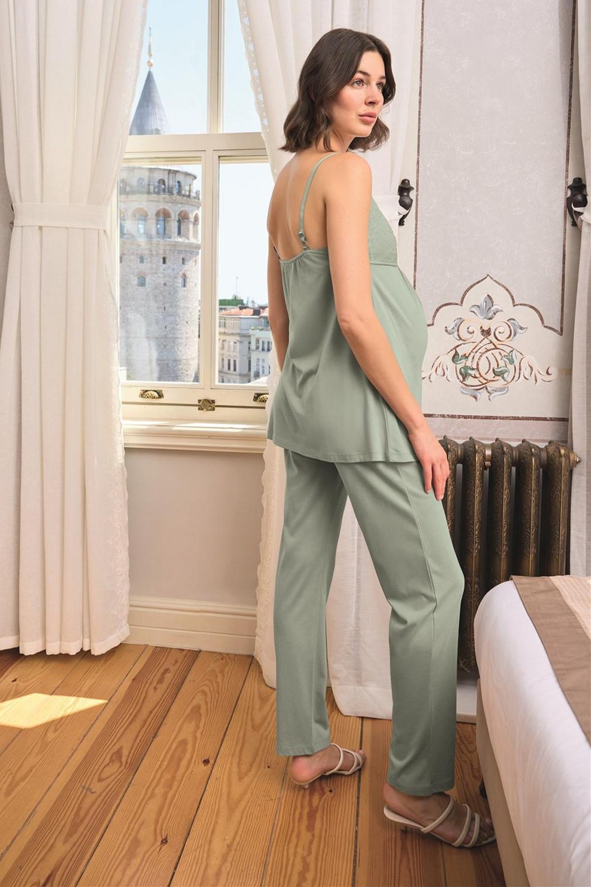 Lohussa-Monamise Women's Special Designflower and Leaf Pattern Lace Pregnant Maternity 3 Piece Pajamas Set 24164 7