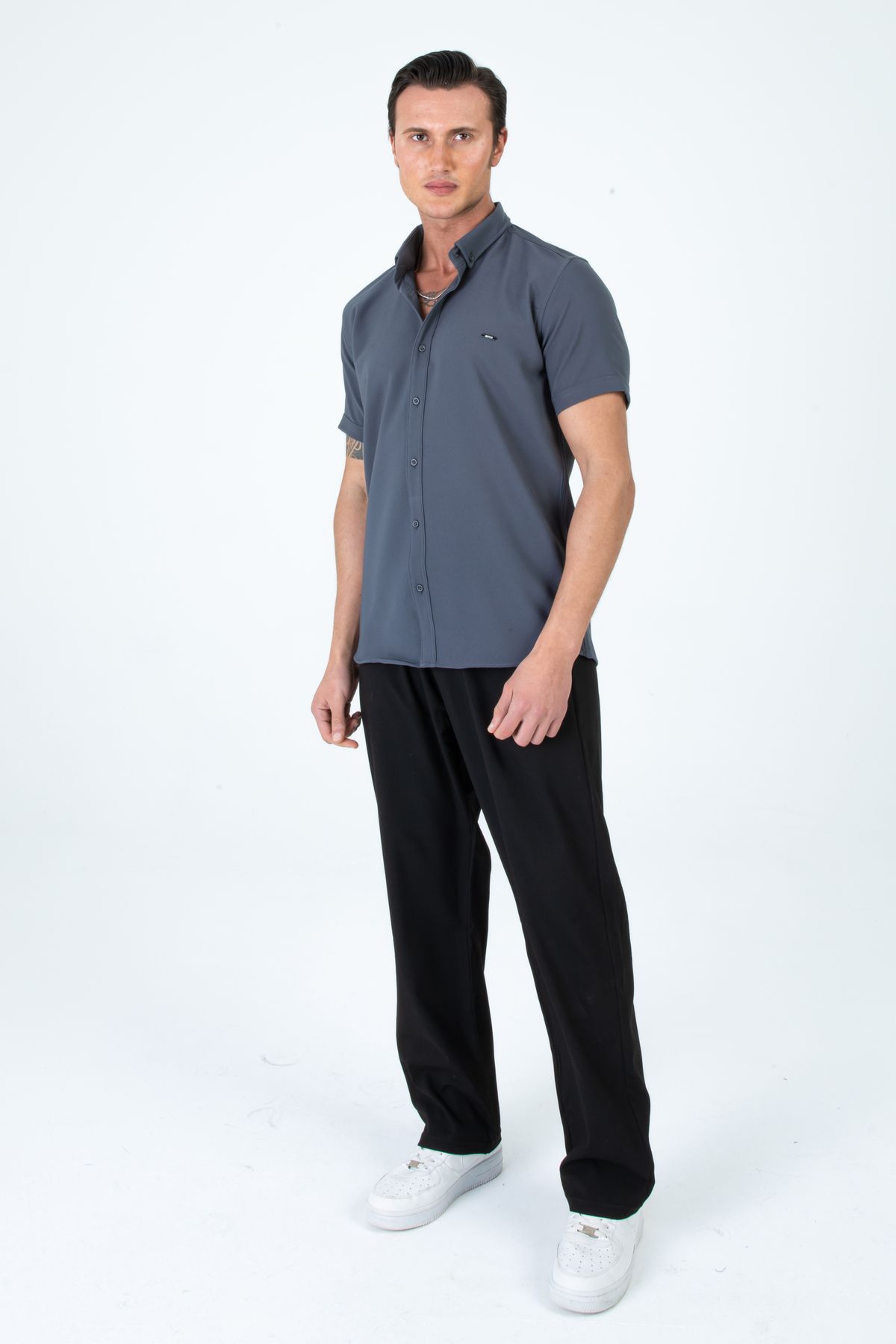 Artı1 Erkek Slim Fit Dar Kesim Kısa Kollu Nefes Alan Örme Doku Yazlık Erkek Gömlek