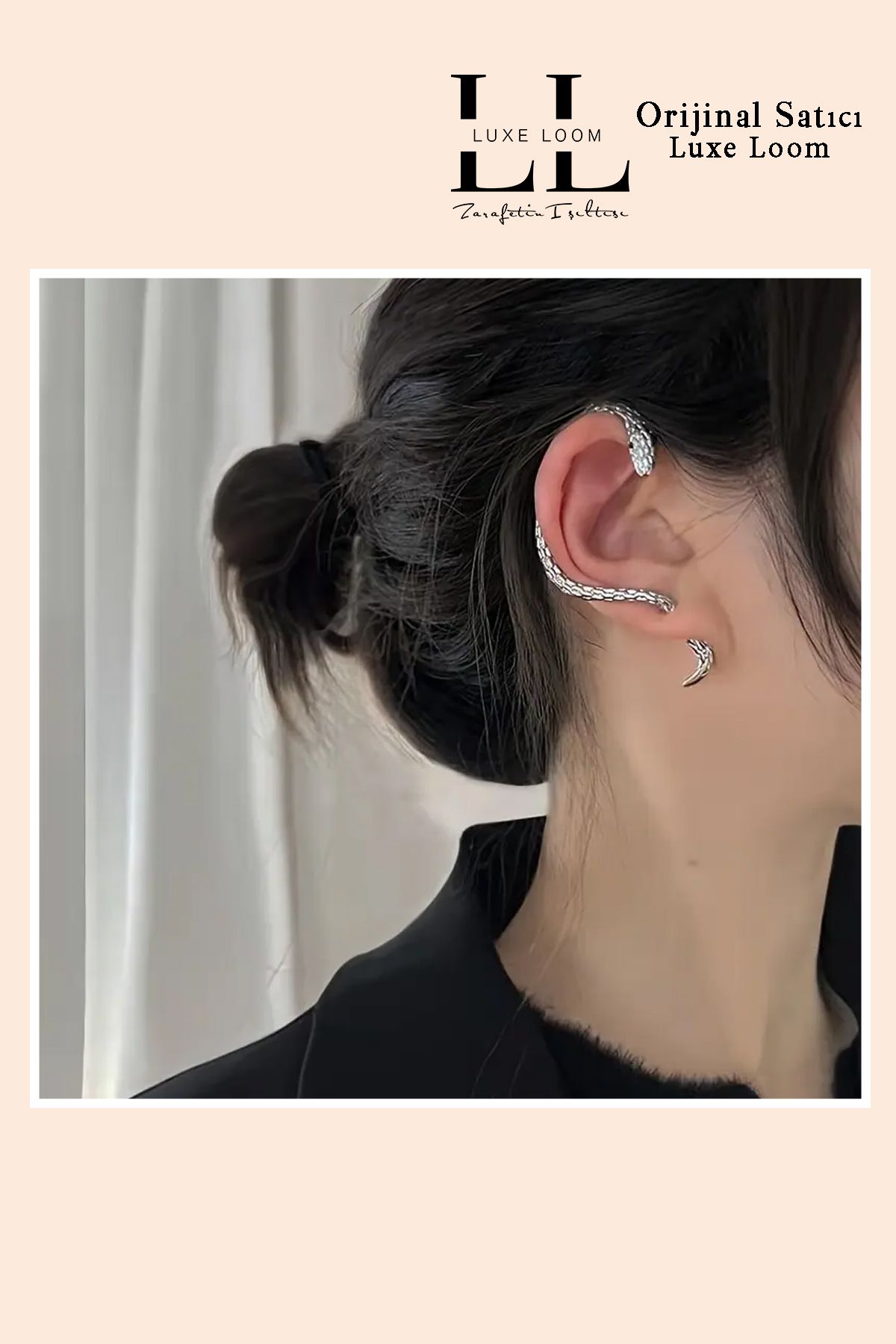 Luxe Loom Zarafetin Işıltısı Kadın Kararmayan Gümüş Yılan Şeklinde Sağ Kulak Üstü Tekli Küpe 001