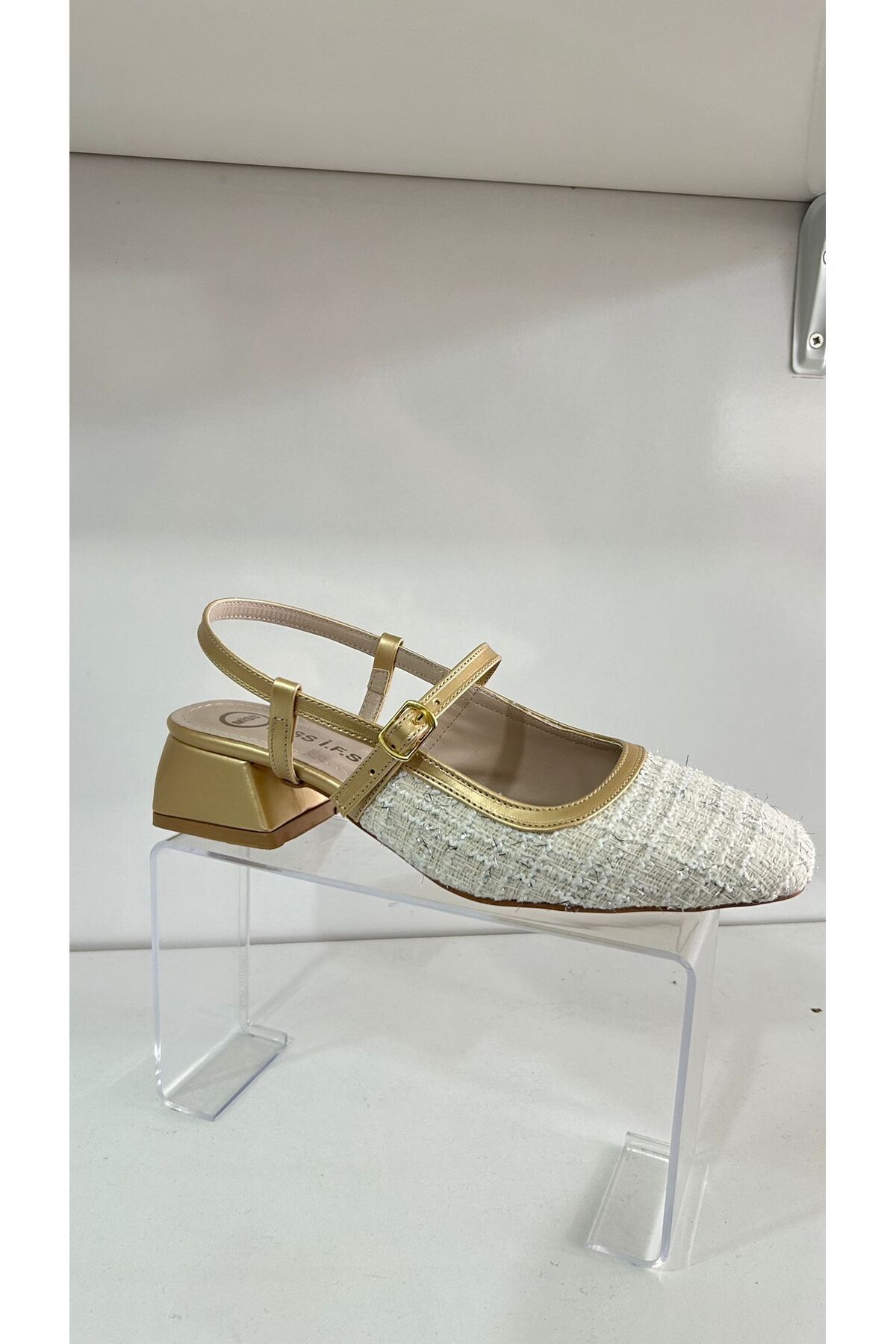 ÖZDE shoes Gold Tüvit Kumaş Kısa Blok Topuklu Babet Ayakkabı