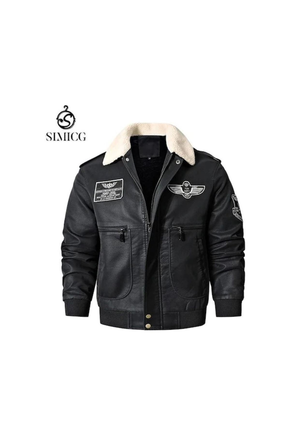 AyShop Kürk Yakalı Topgun Stil İşlemeli İçi Polar Deri Ceket