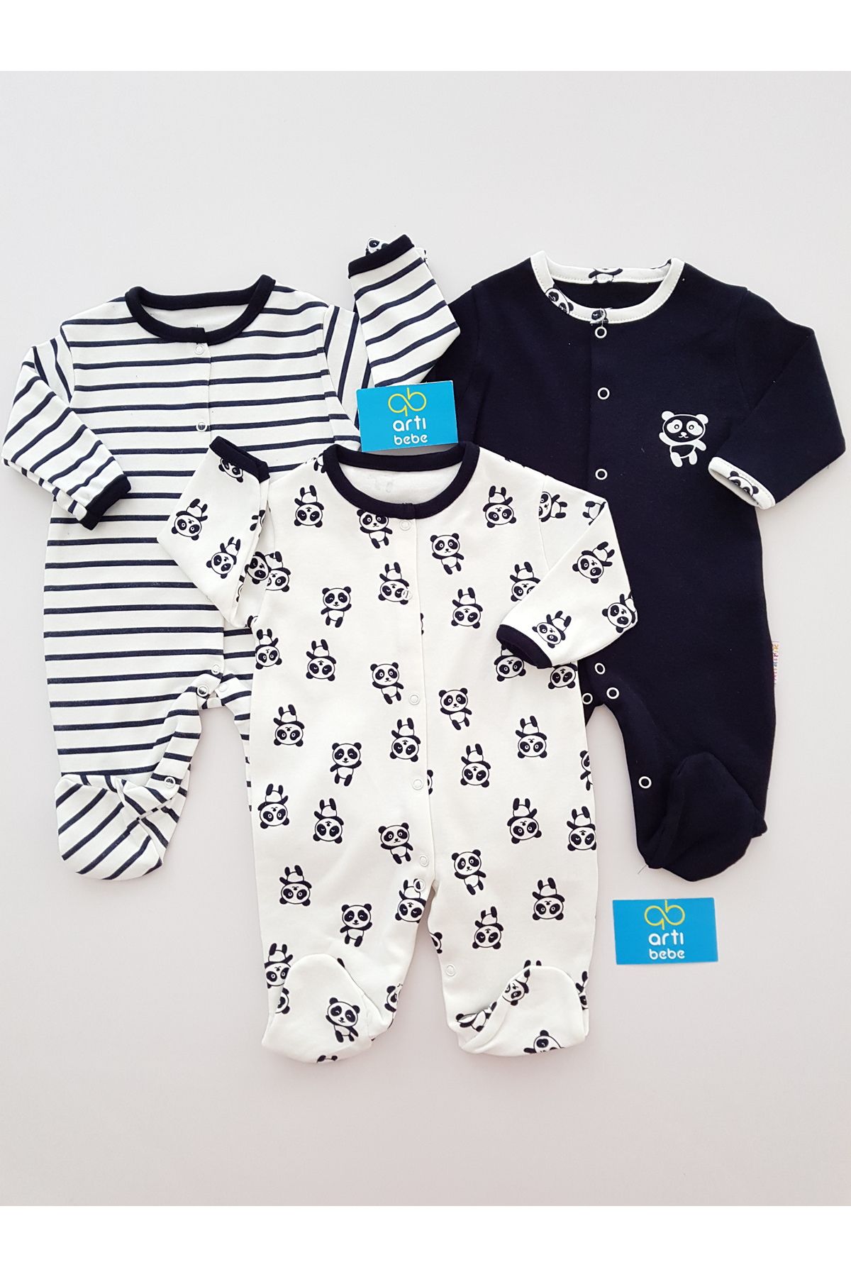 artıbebe Panda 3lü Bebek Tulumu , %100 Pamuklu Bebek Tulum Yenidoğan