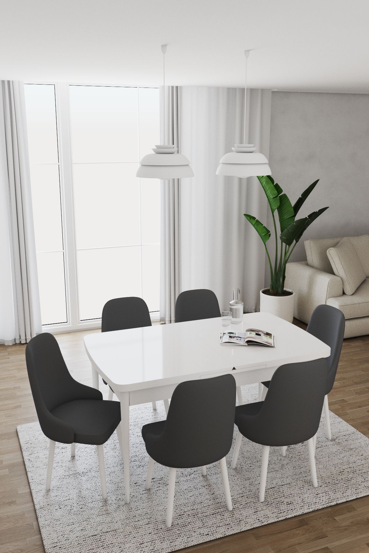 DEREN HOME Are Serisi 80x130 Açılır Masa 6 Adet Antrasit Sandalye Metal Ayaklı Masa Takımı Leke Tutmaz Kumaş