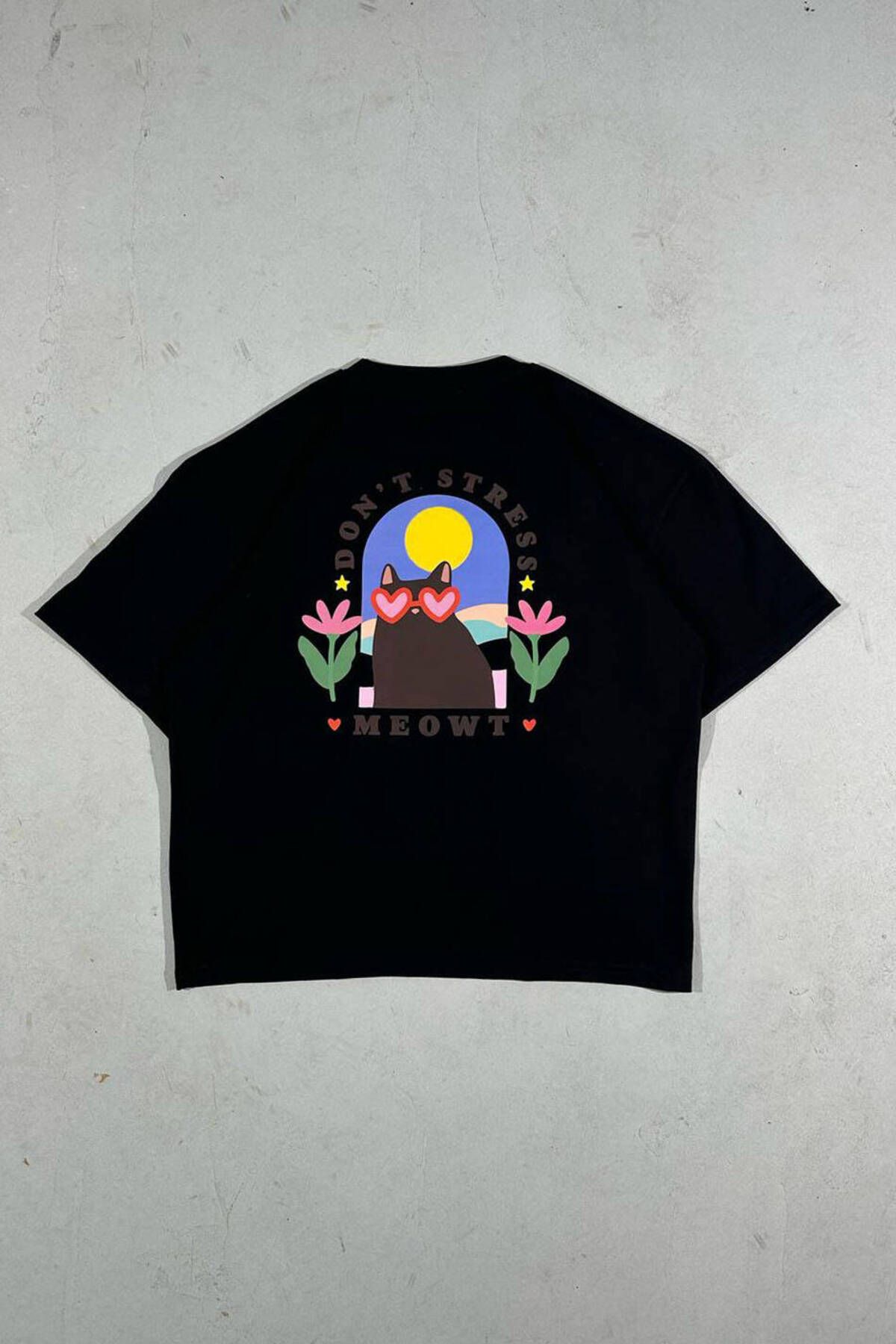 1887CLO Dont Stress Meowt Baskılı Siyah Oversize Tişört