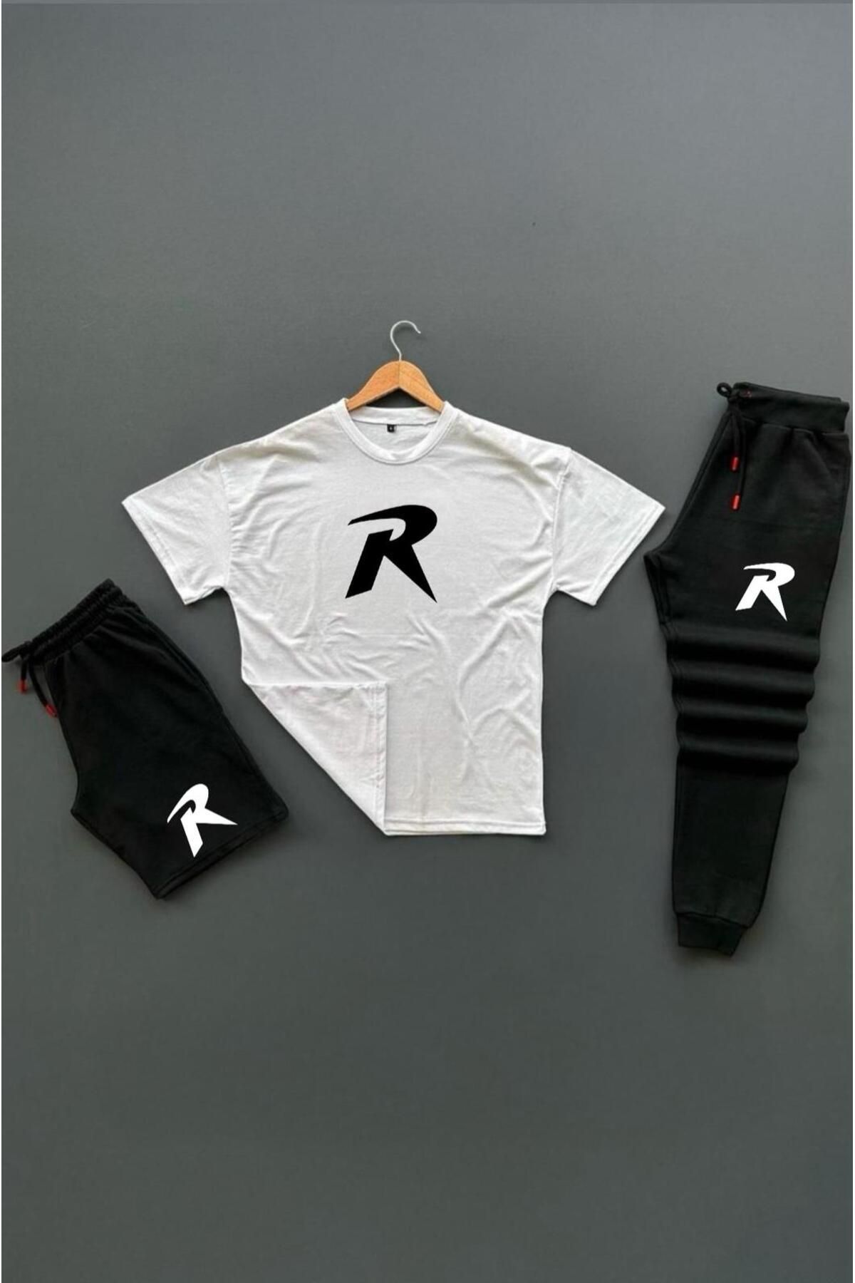 woonkey UNISEX OVERSİZE R BASKILI BİSİKLET YAKA PENYE TİŞÖRT ŞORT EŞOFMAN 3'LÜ SET YENİ SEZON