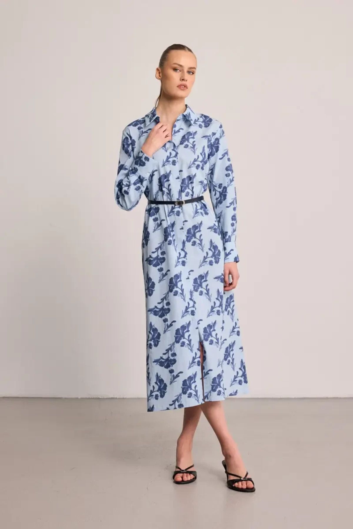 Gusto Rochie Cămașă Lungă Din Bumbac Cu Model De Frunze - Albastru Femeie - M
