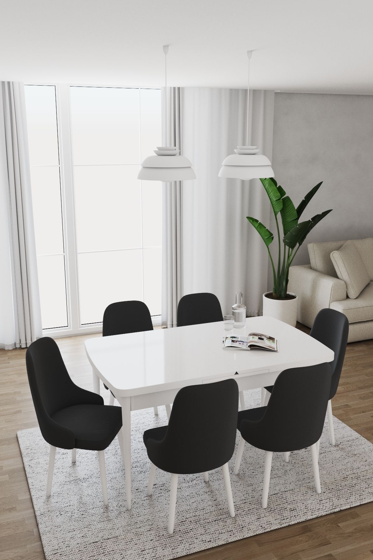 DEREN HOME Are Serisi 80x130 Açılır Masa 6 Adet Siyah Sandalye Metal Ayaklı Masa Takımı Leke Tutmaz Kumaş
