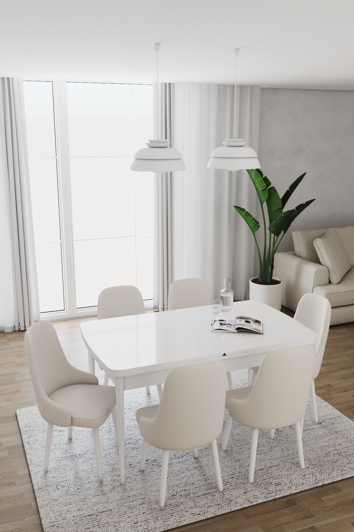 DEREN HOME Are Serisi 80x130 Açılır Masa 6 Adet Krem Sandalye Metal Ayaklı Masa Takımı Leke Tutmaz Kumaş