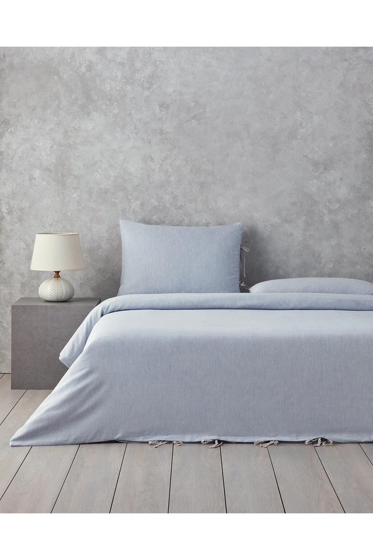 English Home Comfy Plain Çift Kişilik Nevresim Seti Mavi - Bej