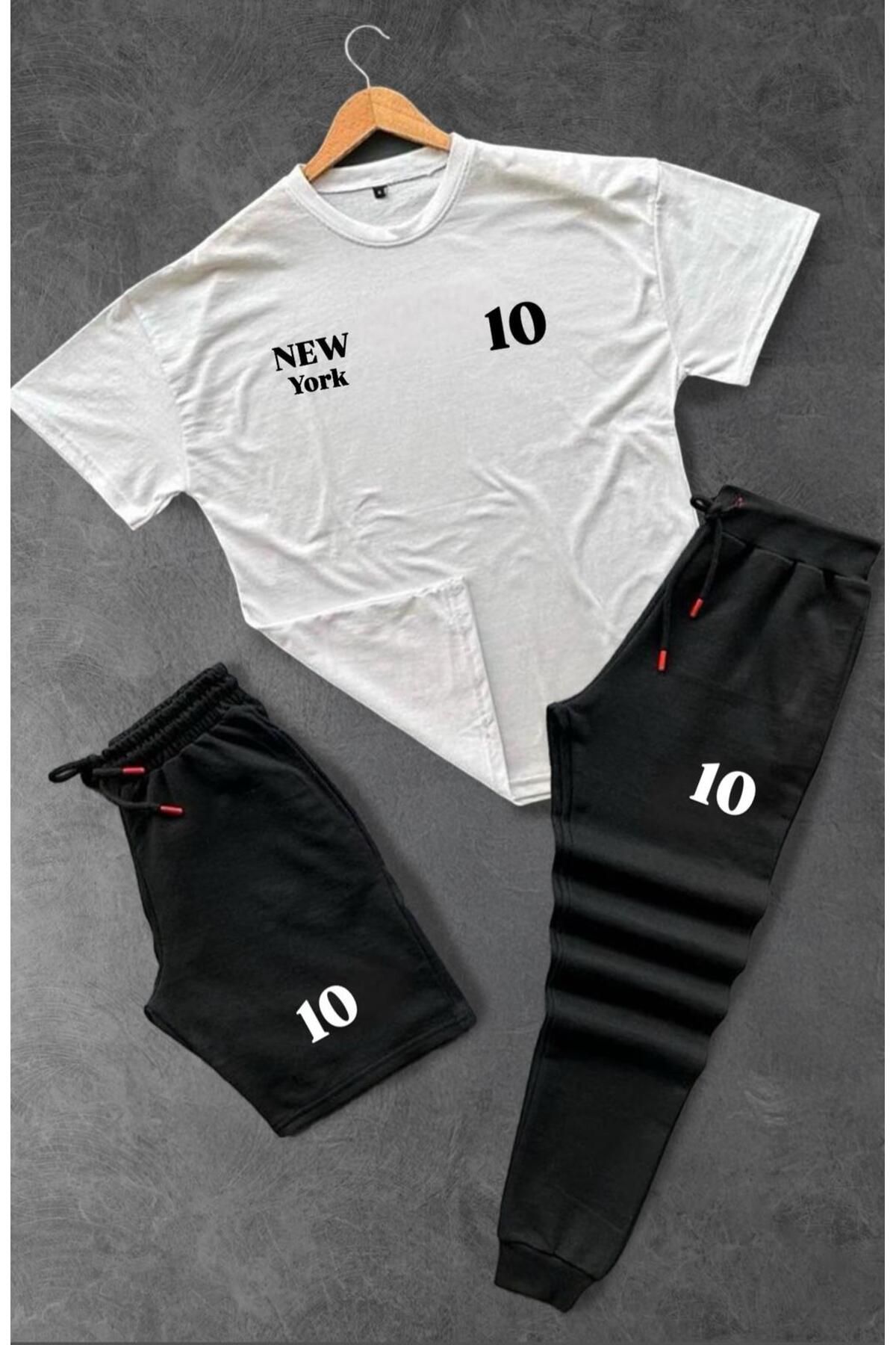 woonkey UNISEX OVERSİZE NEW 10 BASKILI BİSİKLET YAKA PENYE TİŞÖRT ŞORT EŞOFMAN 3'LÜ SET YAZLIK