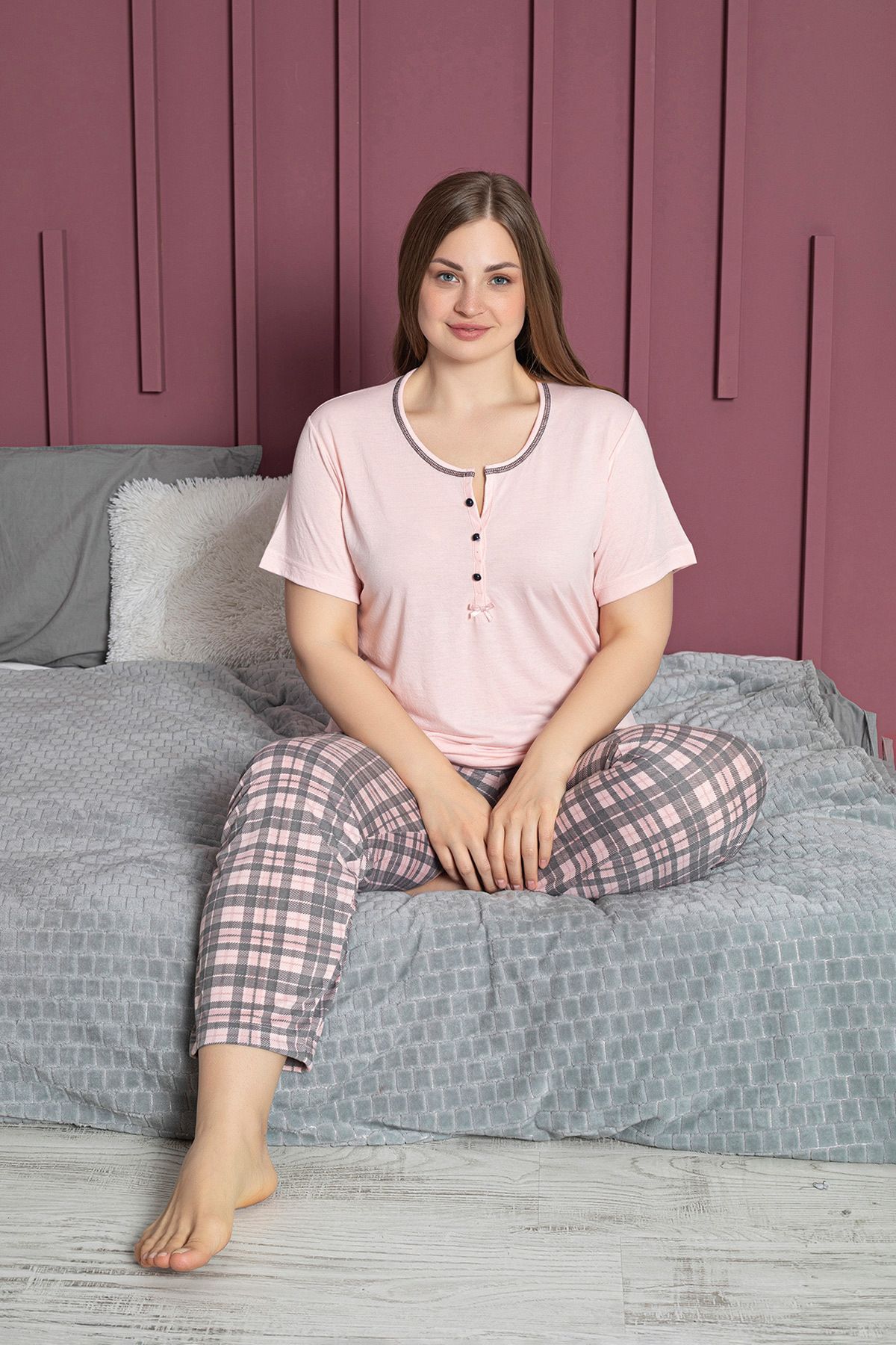 Fulla Moda Büyük Beden Bisiklet Yaka Düğmeli Kısa Kollu Pijama Takımı