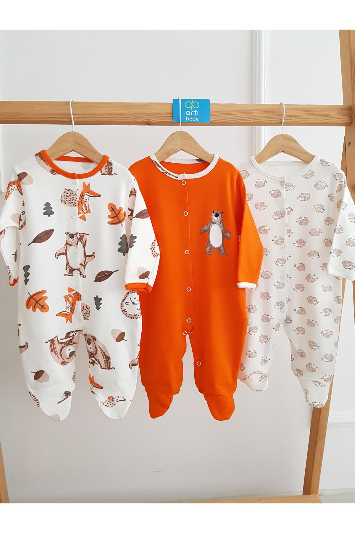 artıbebe Ayı ve kirpili 3lü Bebek Tulumu , %100 Pamuklu Bebek Tulum Yenidoğan
