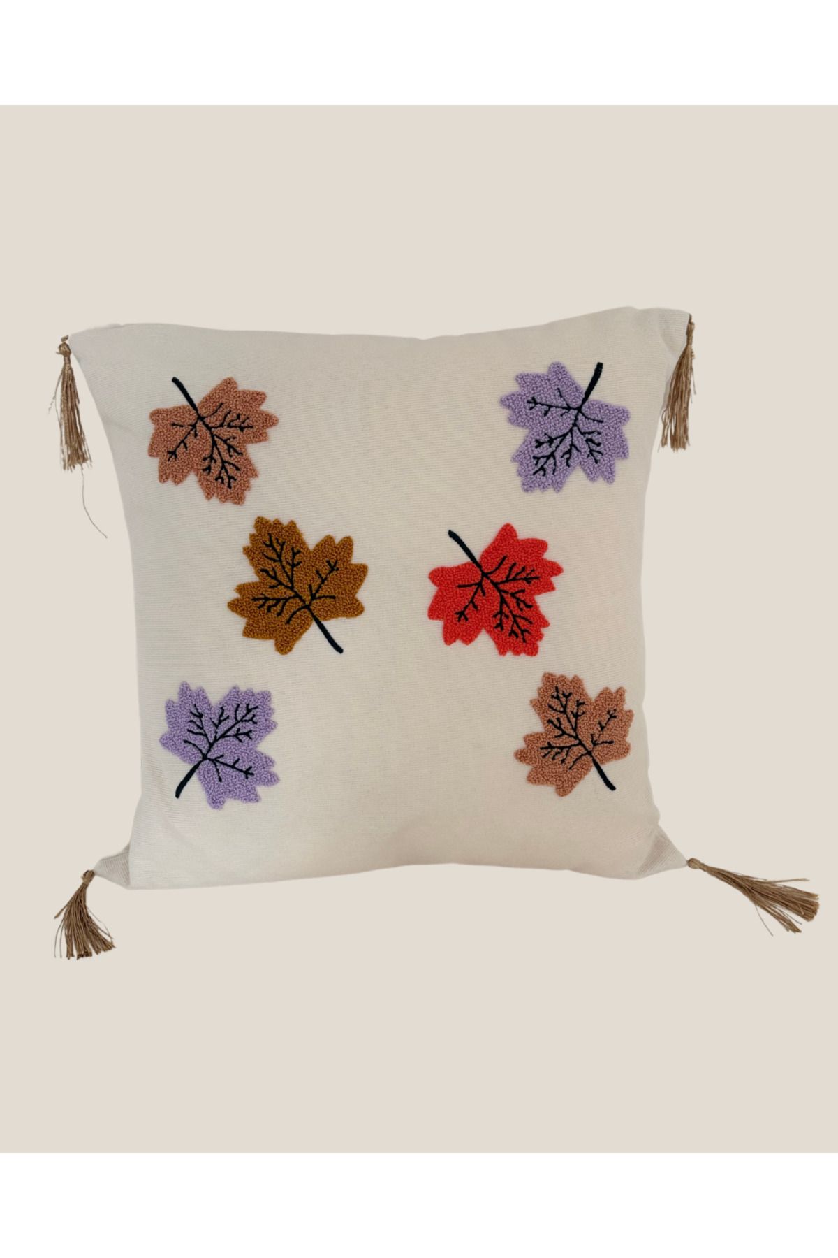 Home Punch Nakışlı Dekoratif Kırlent, Yaprak Desenli,1 adet, 43x43 cm