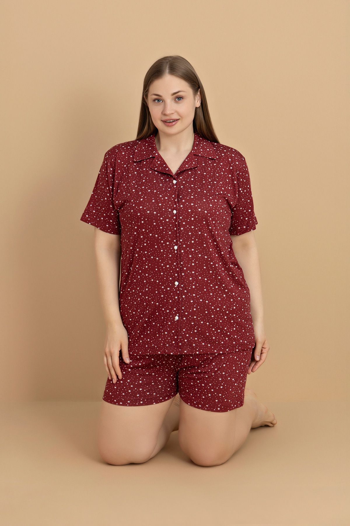 Fulla Moda Büyük Beden Yıldız Baskılı Gömlek Yaka Şortlu Pijama Takımı