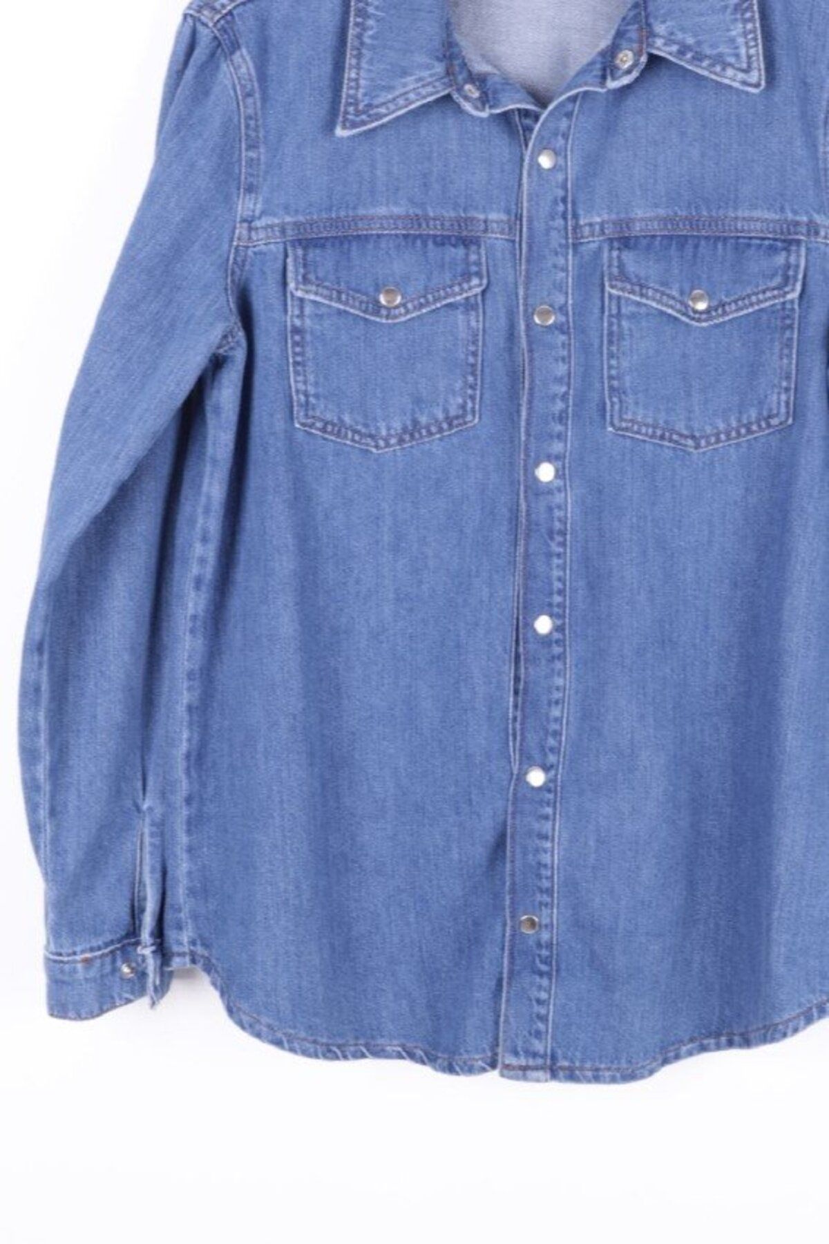 RICHMOST Klasik Yakalı Uzun Kollu Çıtçıt Kapama Detaylı Kadın Kot Gömlek Orta Mavi Denim Dört Mevsim