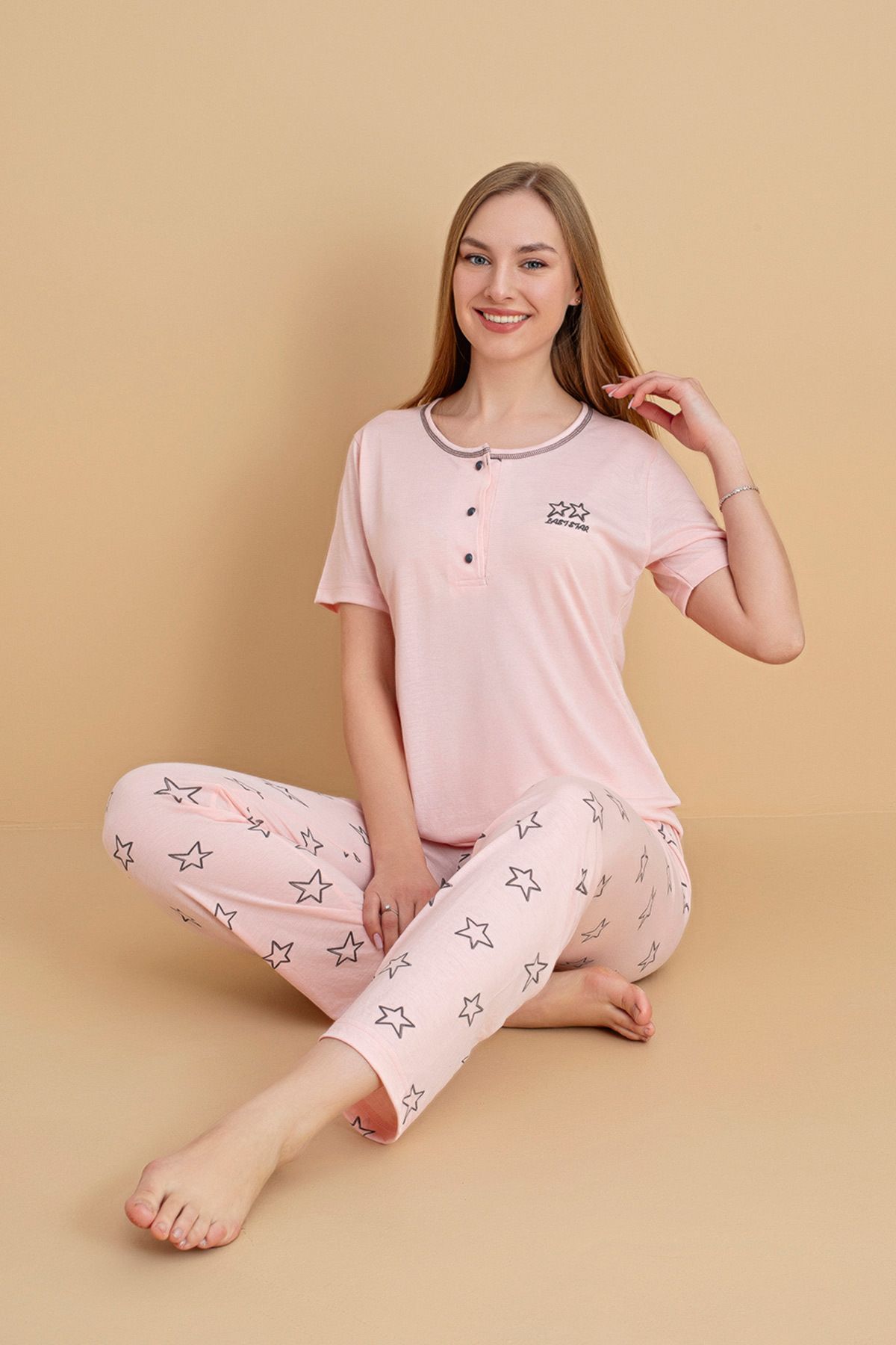 Fulla Moda Yıldız Desenli Kısa Kollu Pijama Takımı